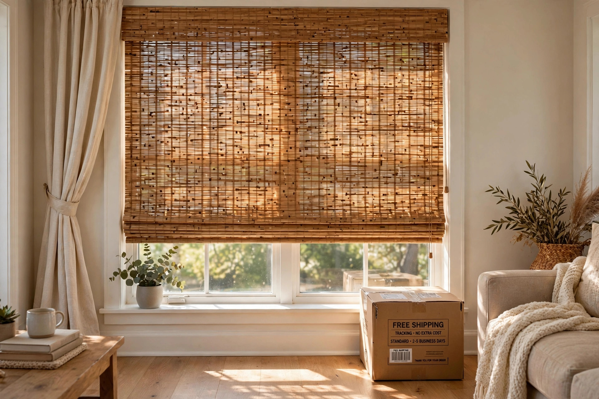 best bamboo roman shades with free shipping: Natural woven bamboo roman shades hanging in a bright American living room