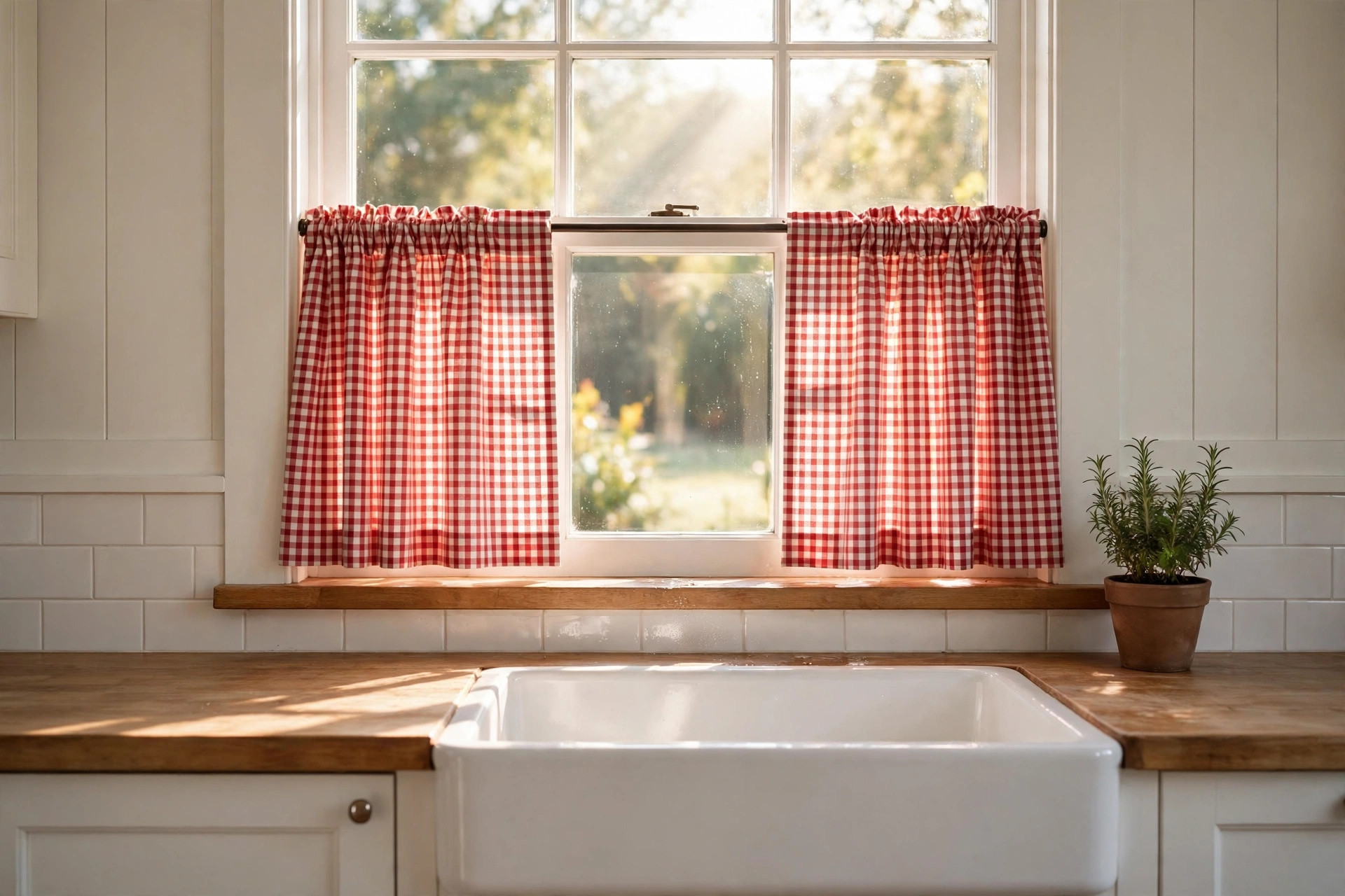 Custom cafe curtains for kitchens for sale hanging on a farmhouse kitchen window