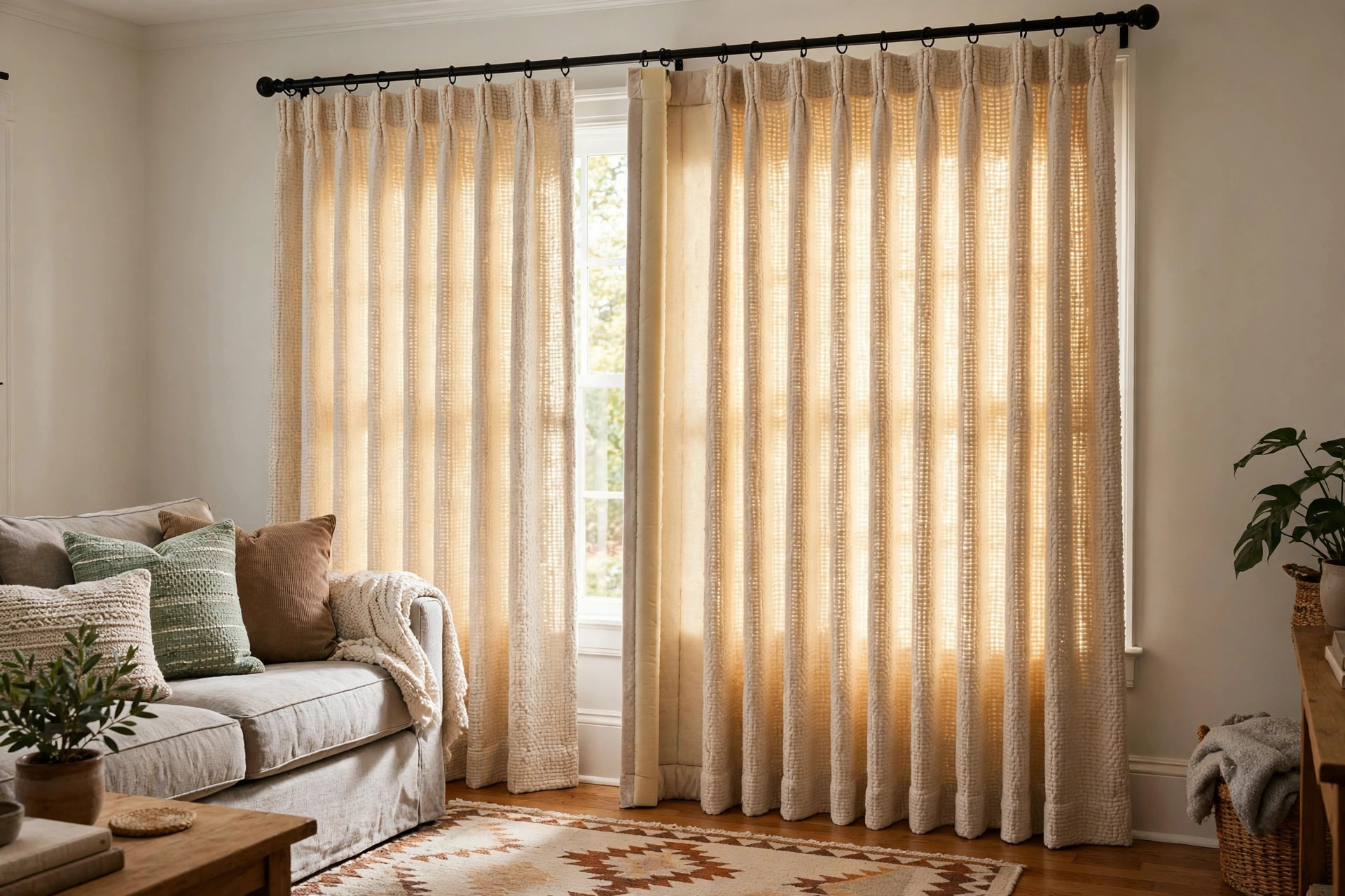 Energy efficient machine washable curtains with free shipping in a sunny American living room