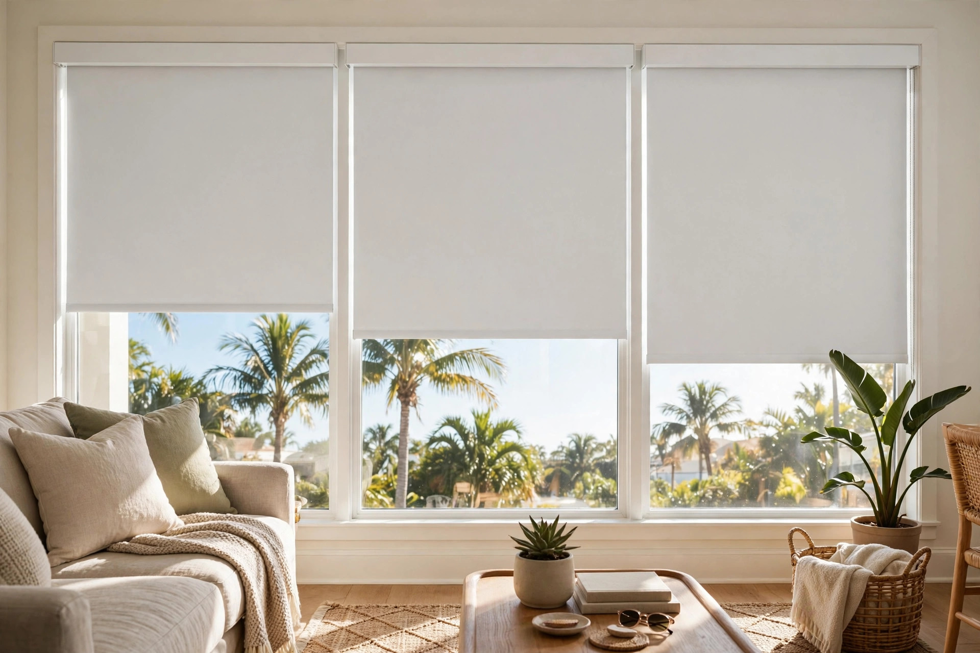 energy efficient blackout roller shades for florida homes: Energy efficient blackout roller shades installed on a sunny Florida home window