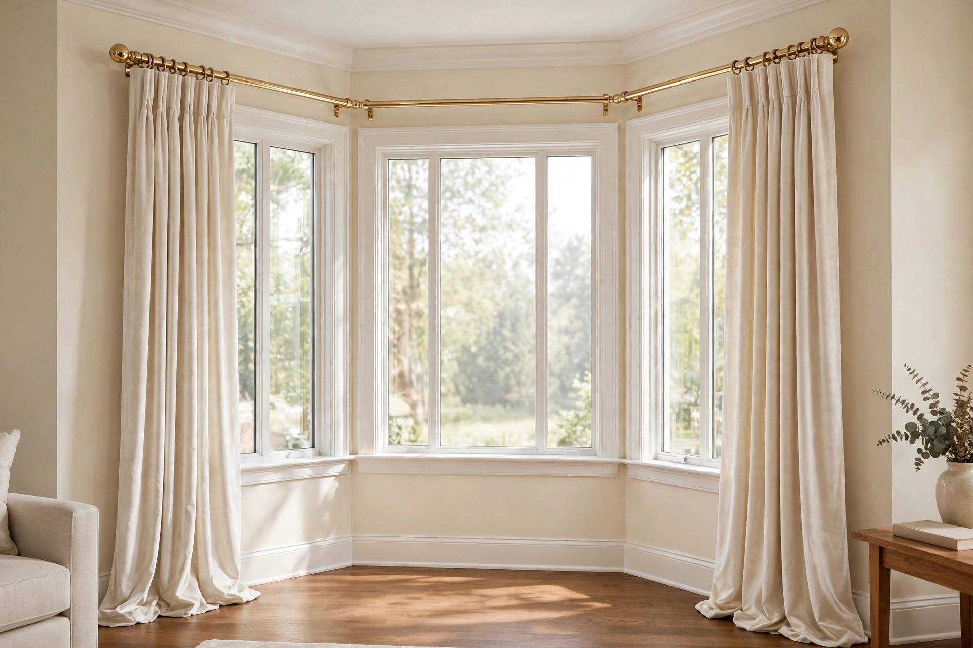 Luxury bay window curtain rods buying guide: brass bay rod with velvet drapes in a bright living room