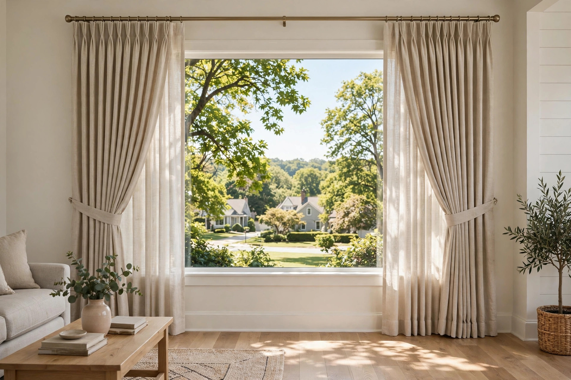 best curtain cleaning services near me: Clean pleated curtains hanging in a bright living room