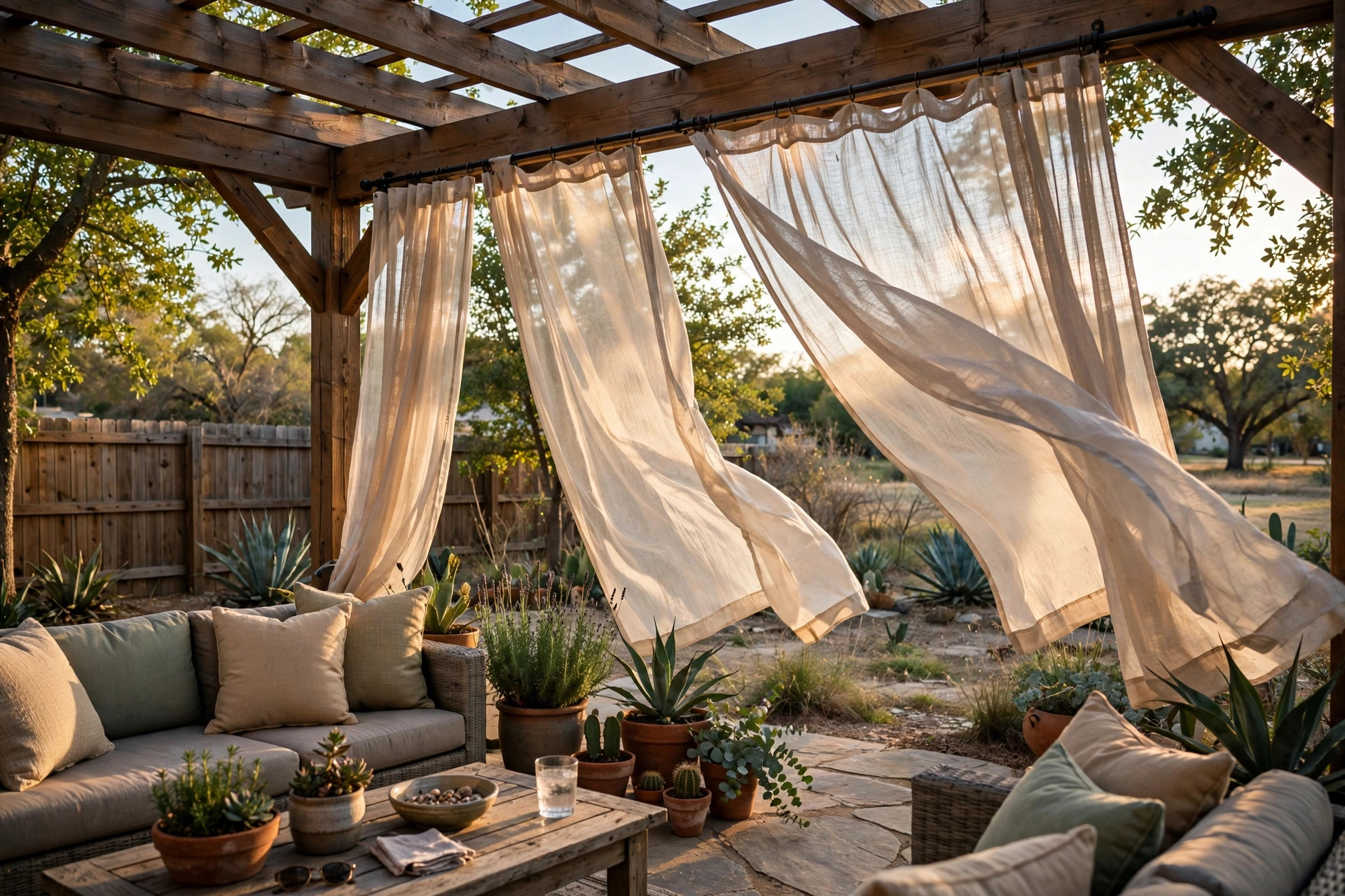 Buy outdoor patio curtains online in Texas: sheer curtains hanging on a backyard patio