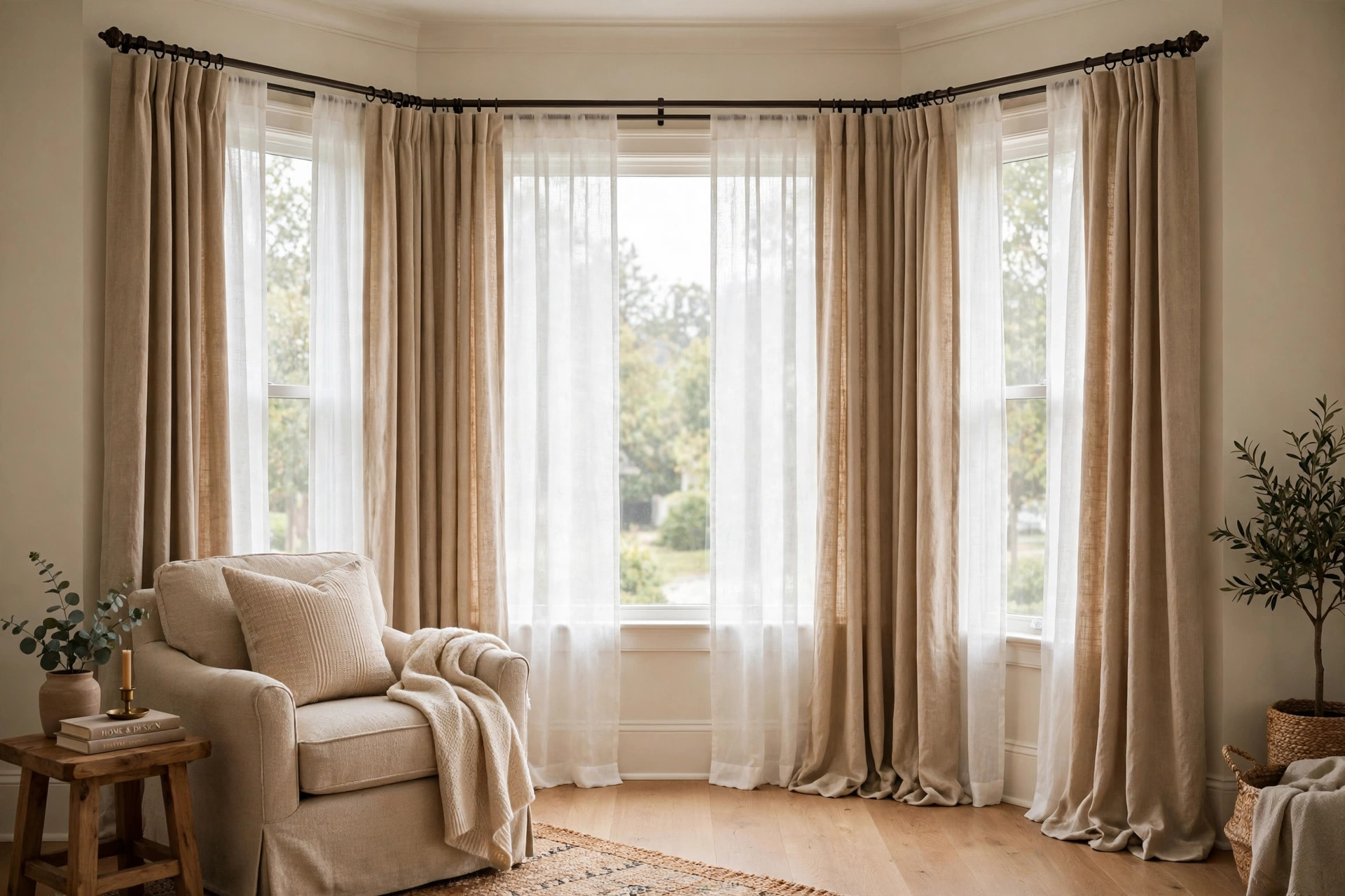 noise reducing bay window curtain rods for sale: A bay window fitted with a curved rod and thick noise reducing drapes