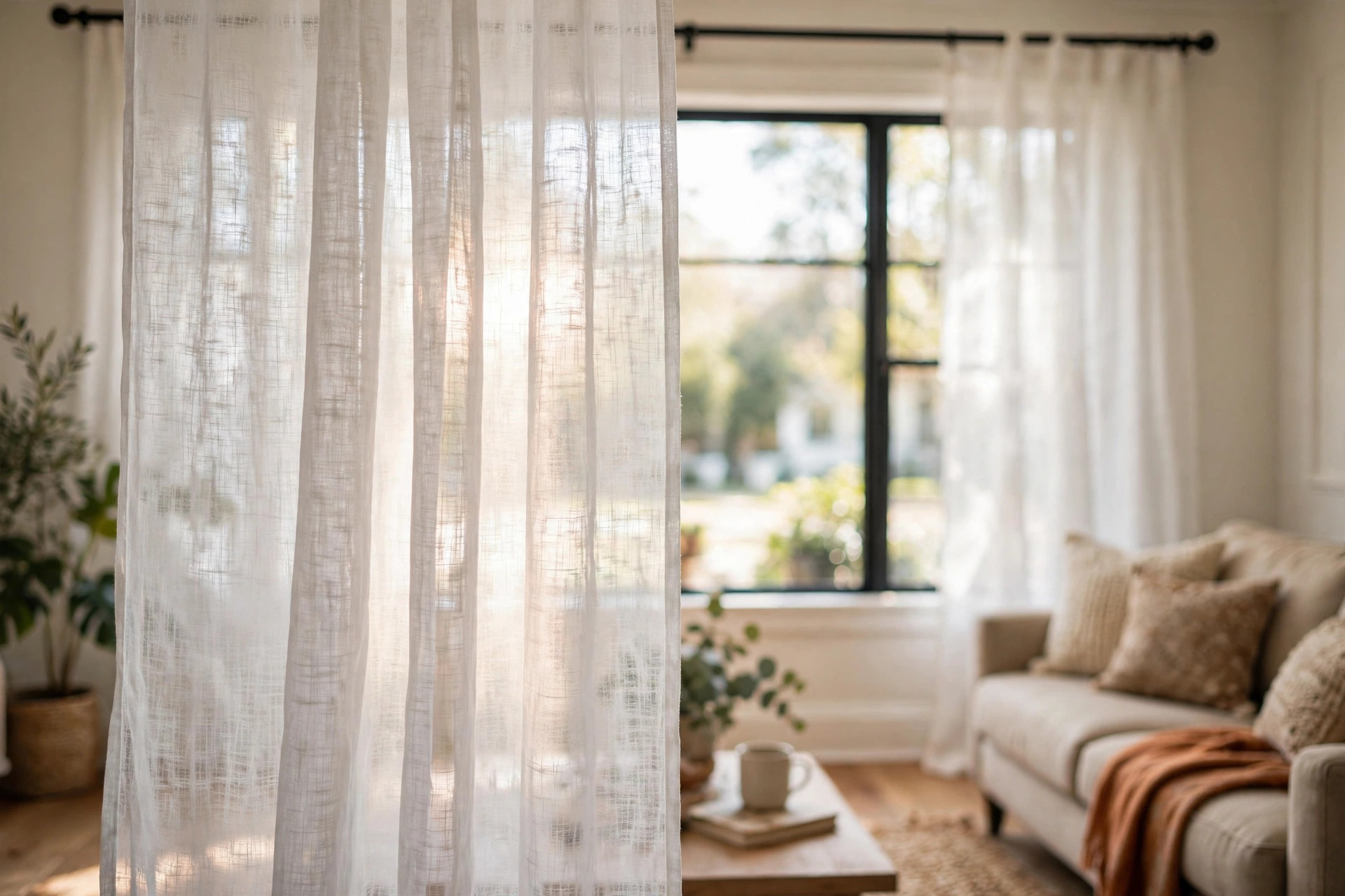 energy efficient sheer linen curtains buying guide: Energy efficient sheer linen curtains hanging in a bright American living room