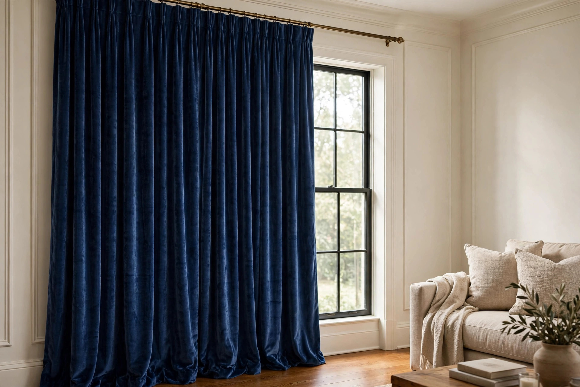 best navy blue velvet curtains for american homes: Navy blue velvet curtains hanging in an elegant American living room