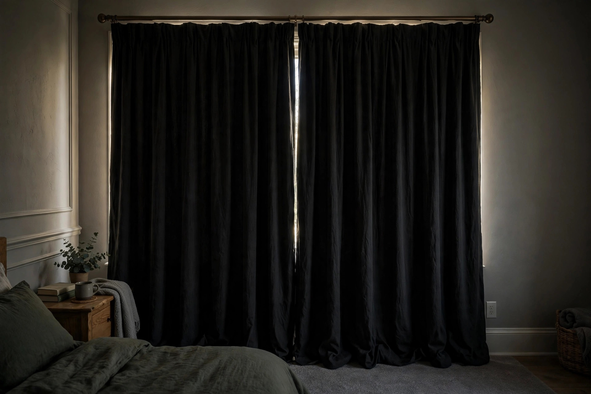 blackout curtains for bedrooms reviews and buying guide: Blackout curtains for bedrooms hanging in a dark, restful bedroom