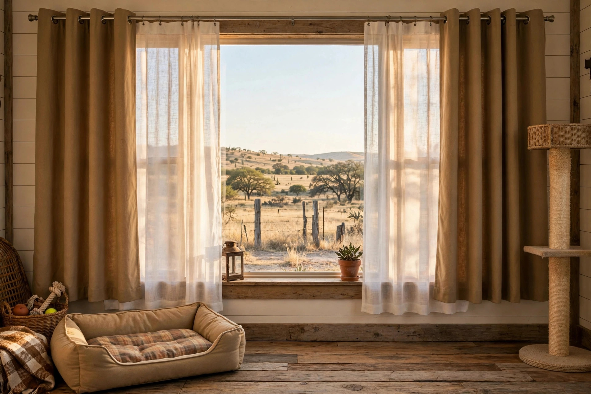 best pet friendly curtains for texas homes: Pet friendly curtains hanging in a bright Texas living room