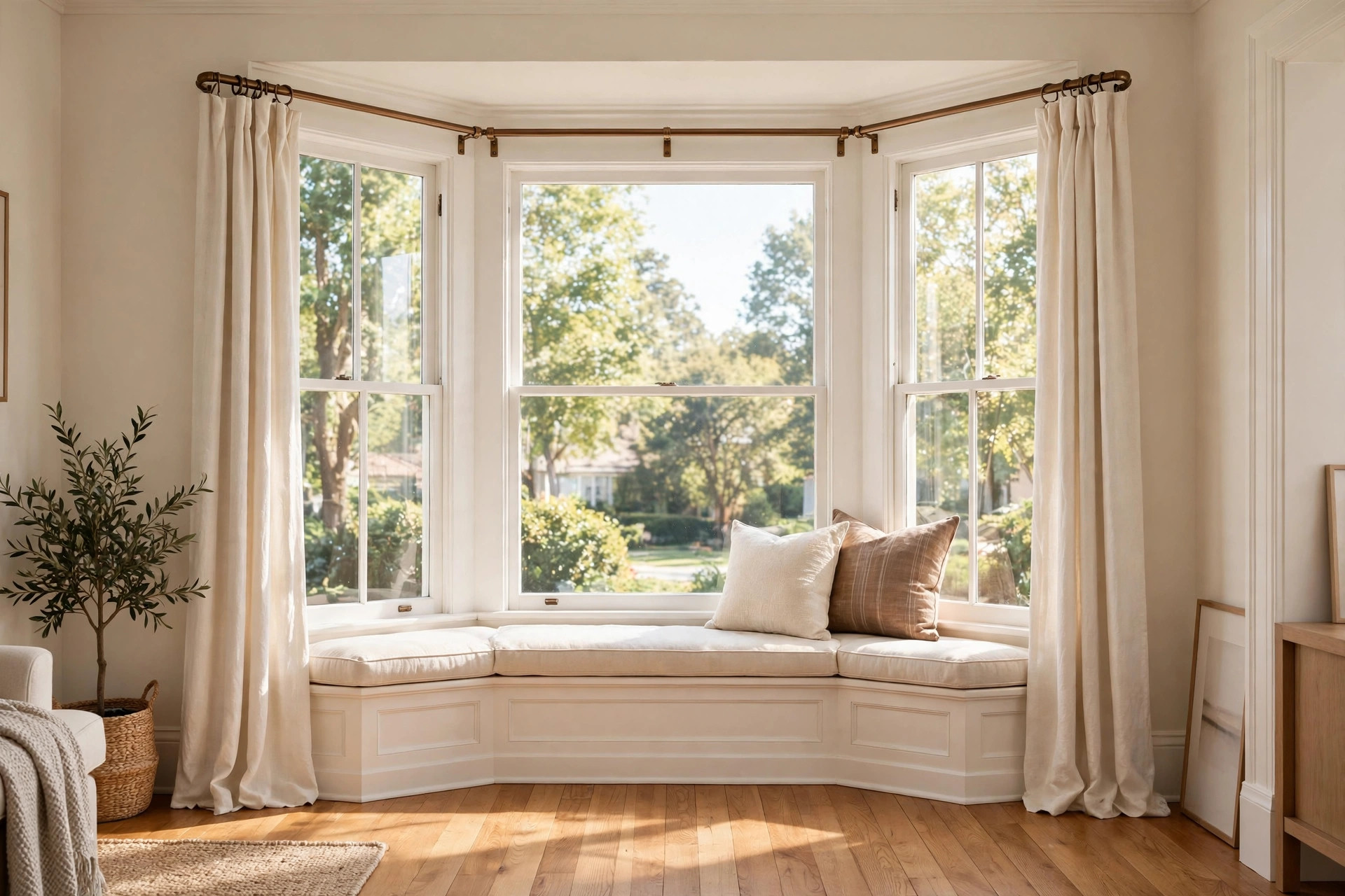 best bay window curtain rods for sale: Bay window with bronze curtain rod and cream drapes in a bright living room