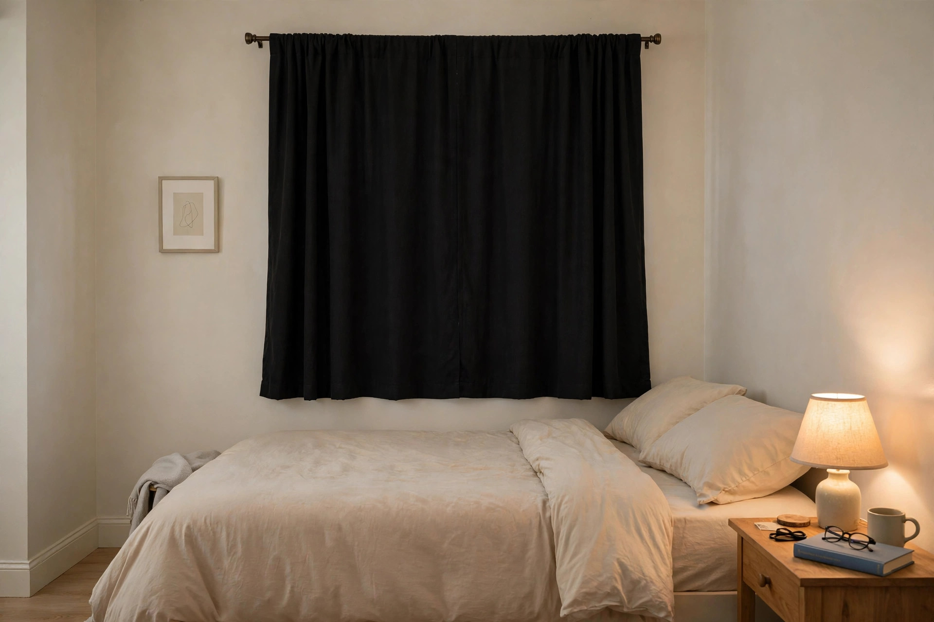 best blackout curtains for bedrooms for small apartments: Dark blackout curtains closed over a window in a small apartment bedroom