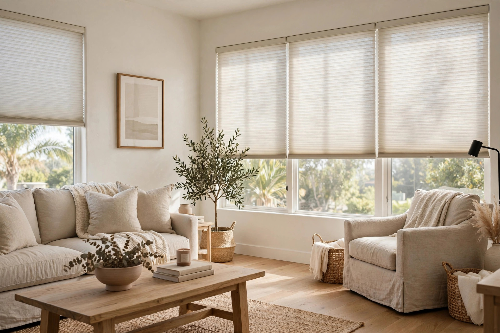 buy energy efficient window treatments online in california: Energy efficient cellular shades in a bright California living room