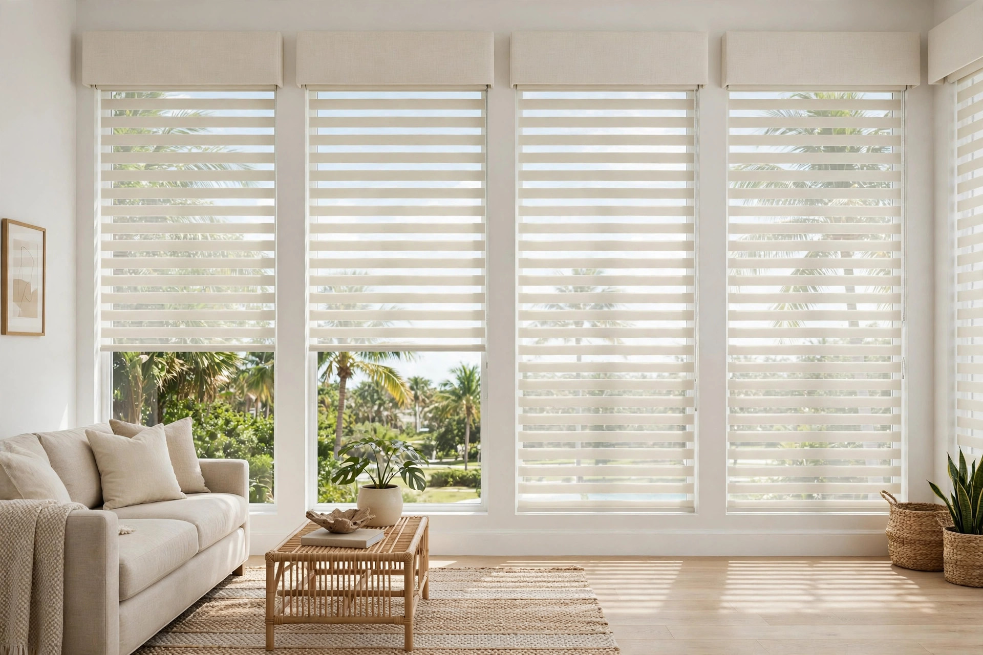 Luxury zebra dual layer shades for Florida homes in a bright living room