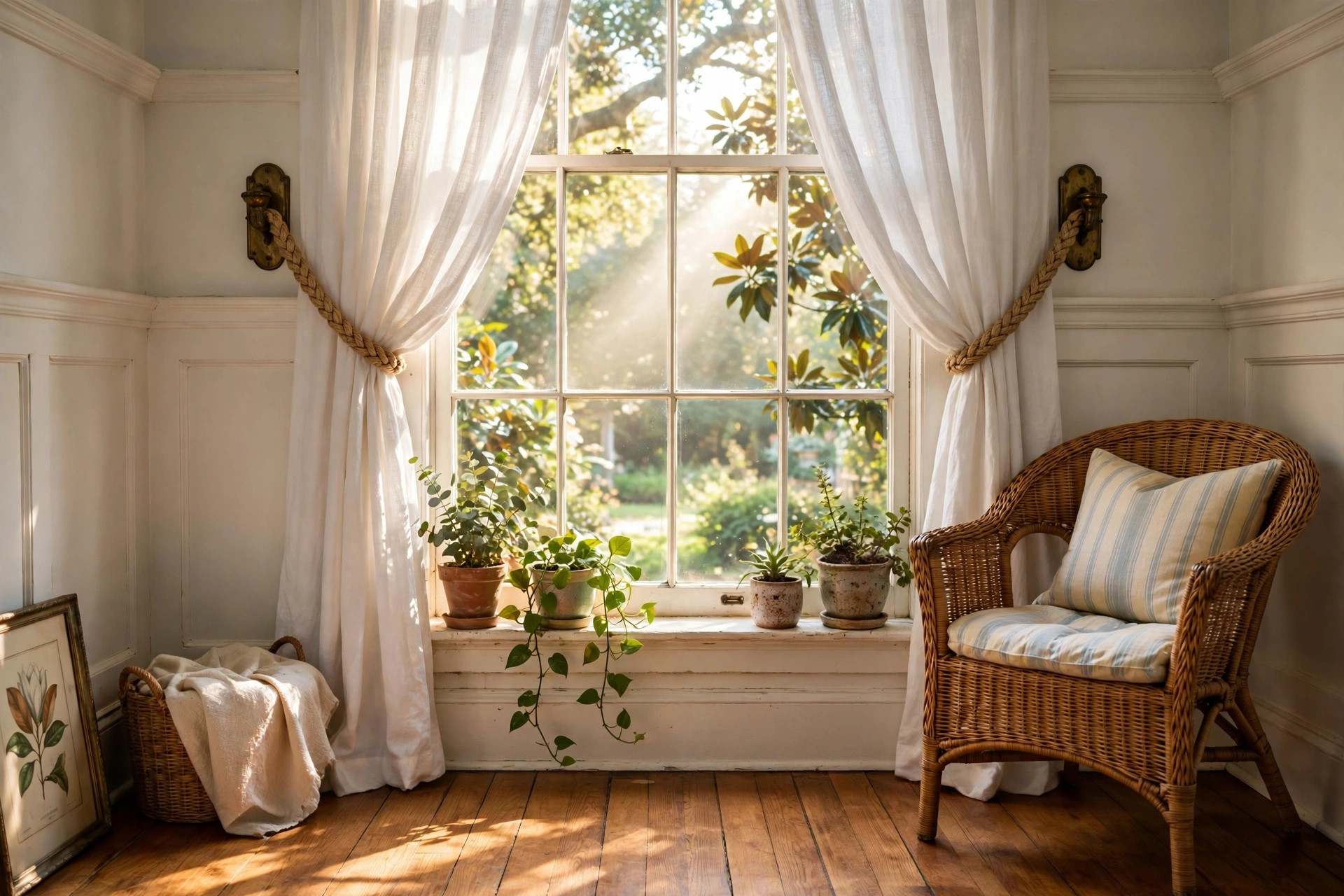 Custom curtain tiebacks and holdbacks for southern states in a bright living room
