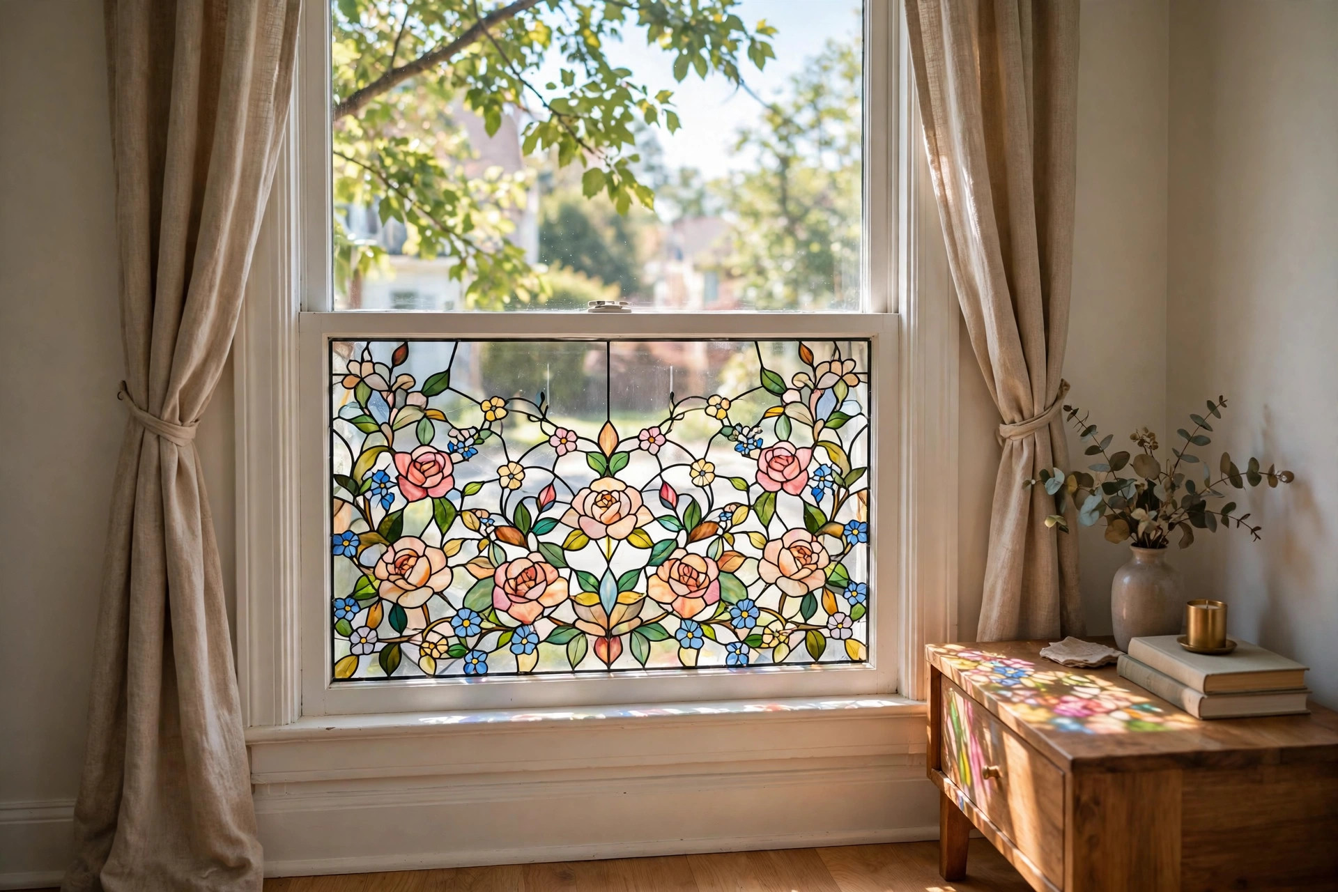 Stained-glass style decorative window film on a home window, the subject of this decorative window film reviews and buying guide