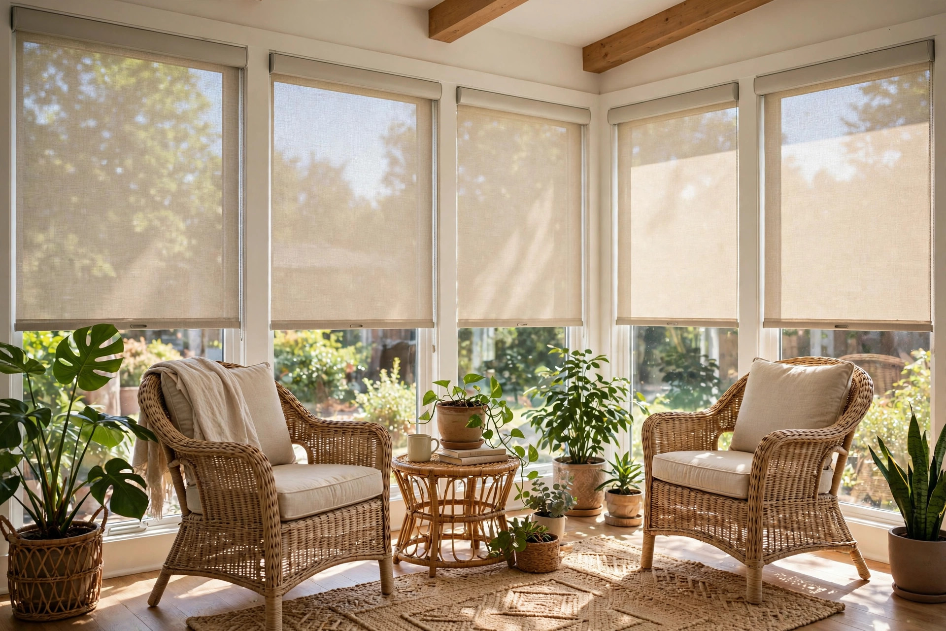 thermal solar shades for sunrooms buying guide: Thermal solar shades installed on tall sunroom windows in a bright American home