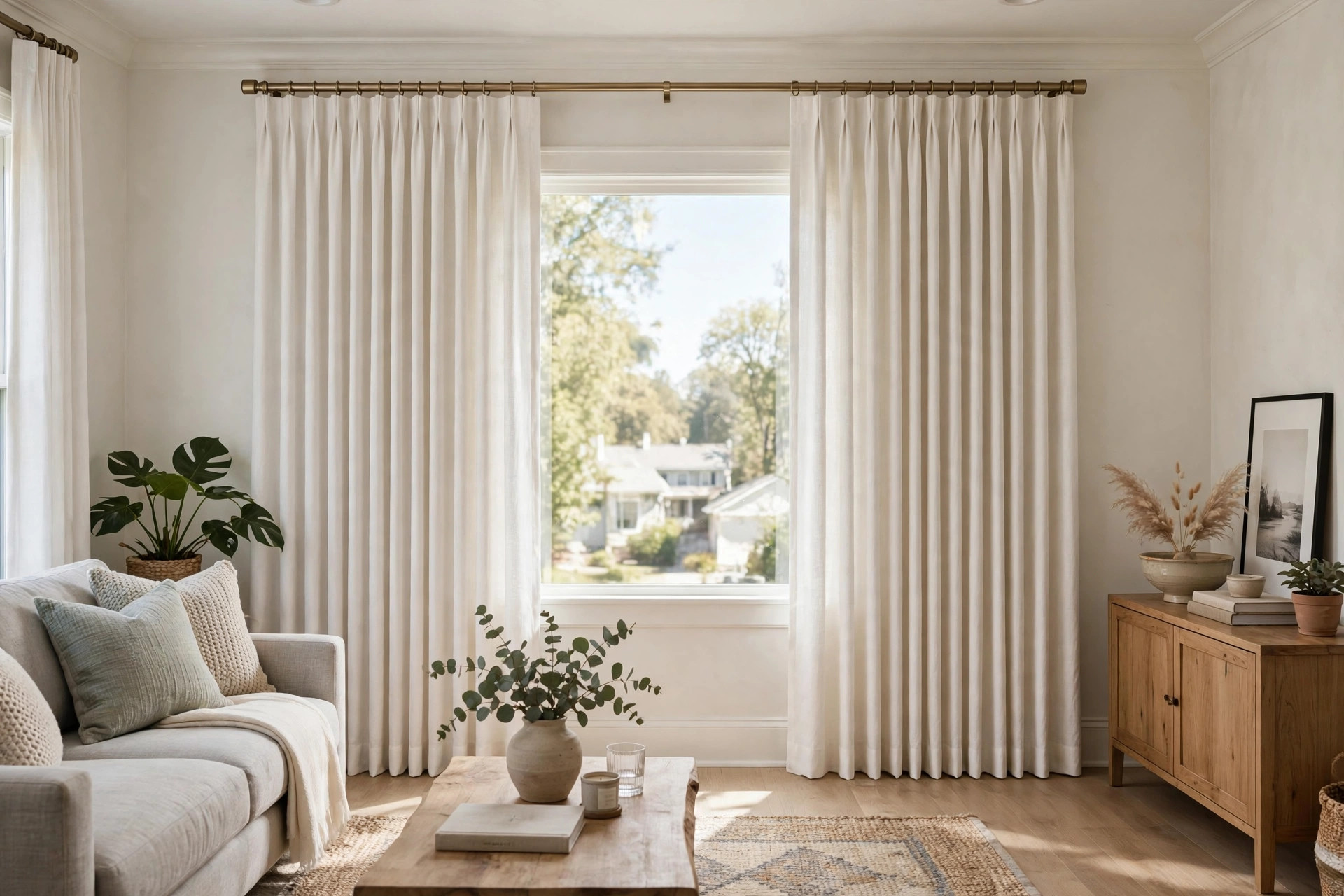Freshly cleaned curtains hanging in a bright American living room, top rated curtain cleaning services reviews