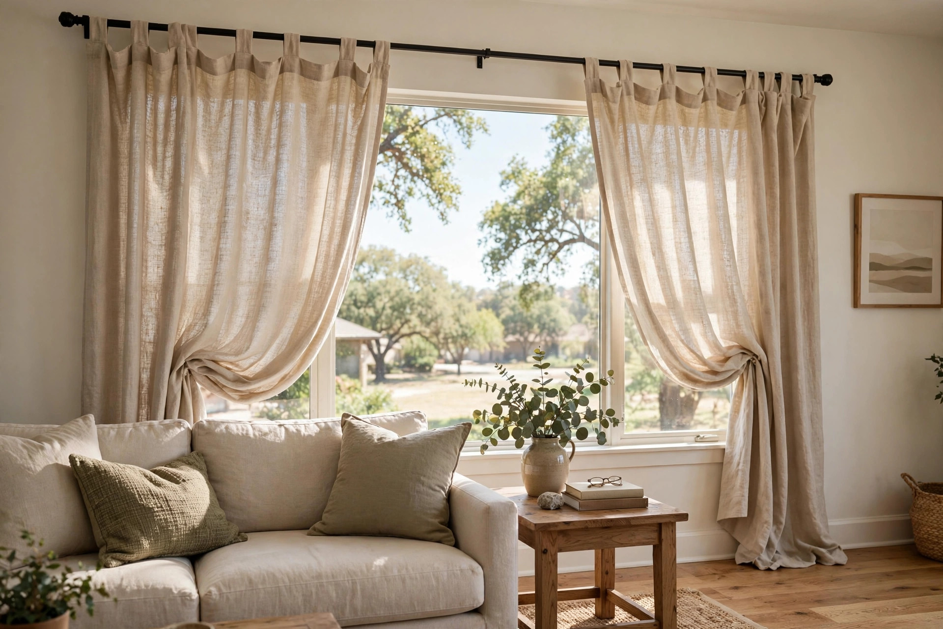 buy rod pocket curtains online in texas: Rod pocket curtains hanging on a window in a Texas living room