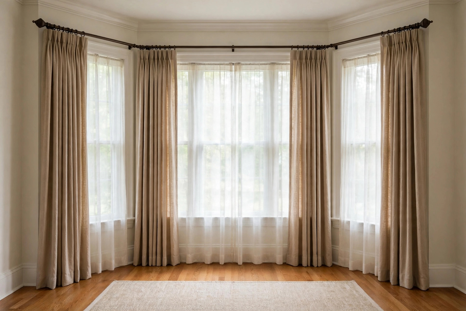 Custom drapes on a bay window in an American living room, premium custom drapery services near me