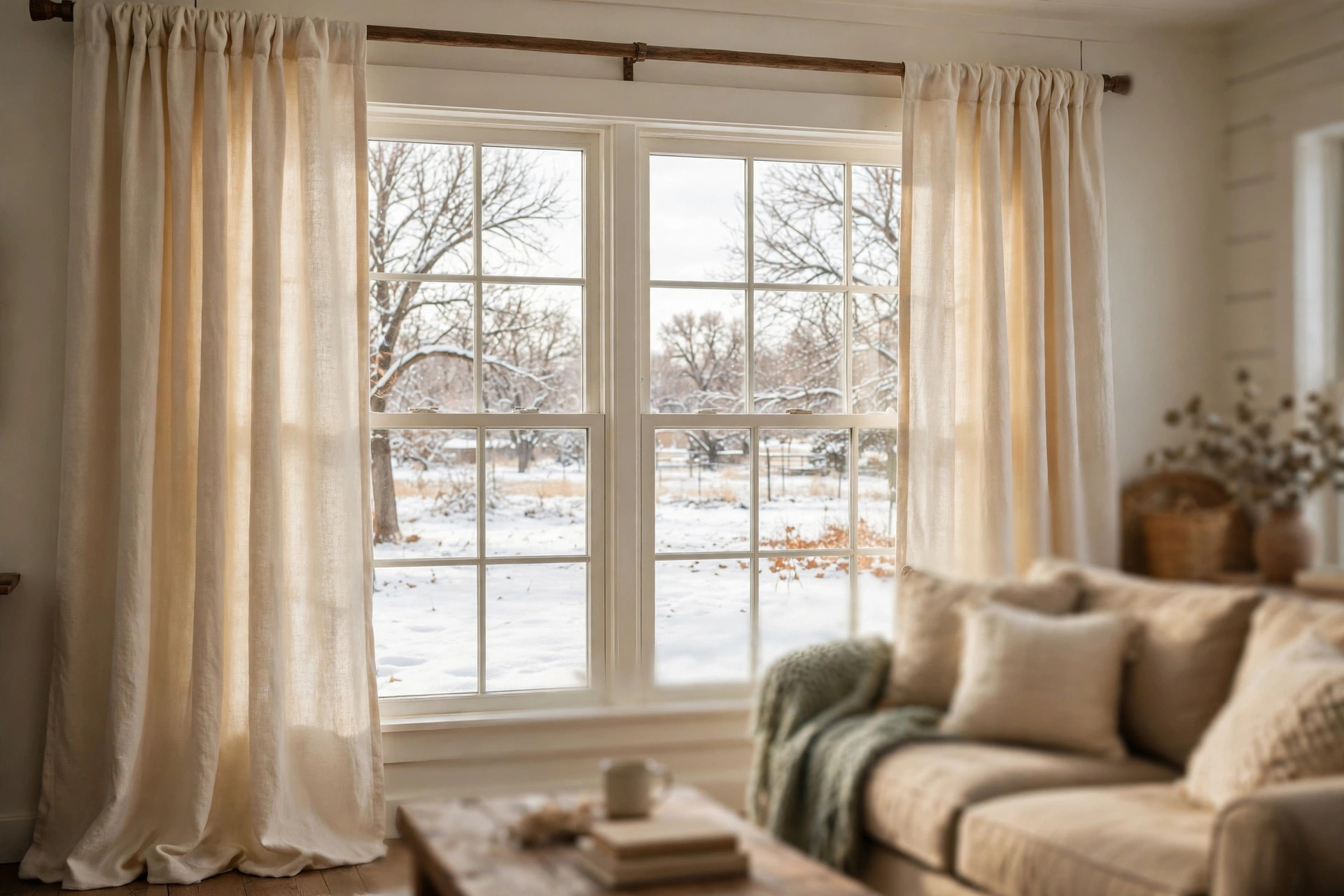 best rod pocket curtains for midwest homes: Rod pocket curtains in a Midwest living room window
