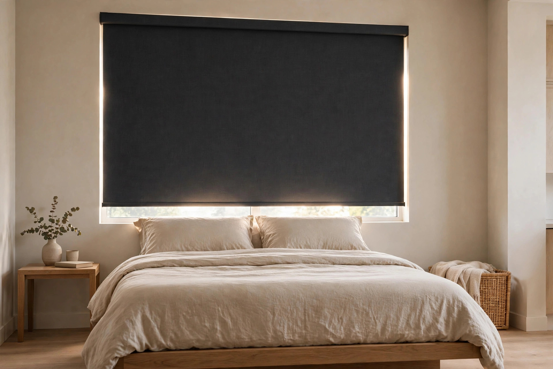 noise reducing blackout roller shades buying guide: Blackout roller shades on a bedroom window blocking bright daylight