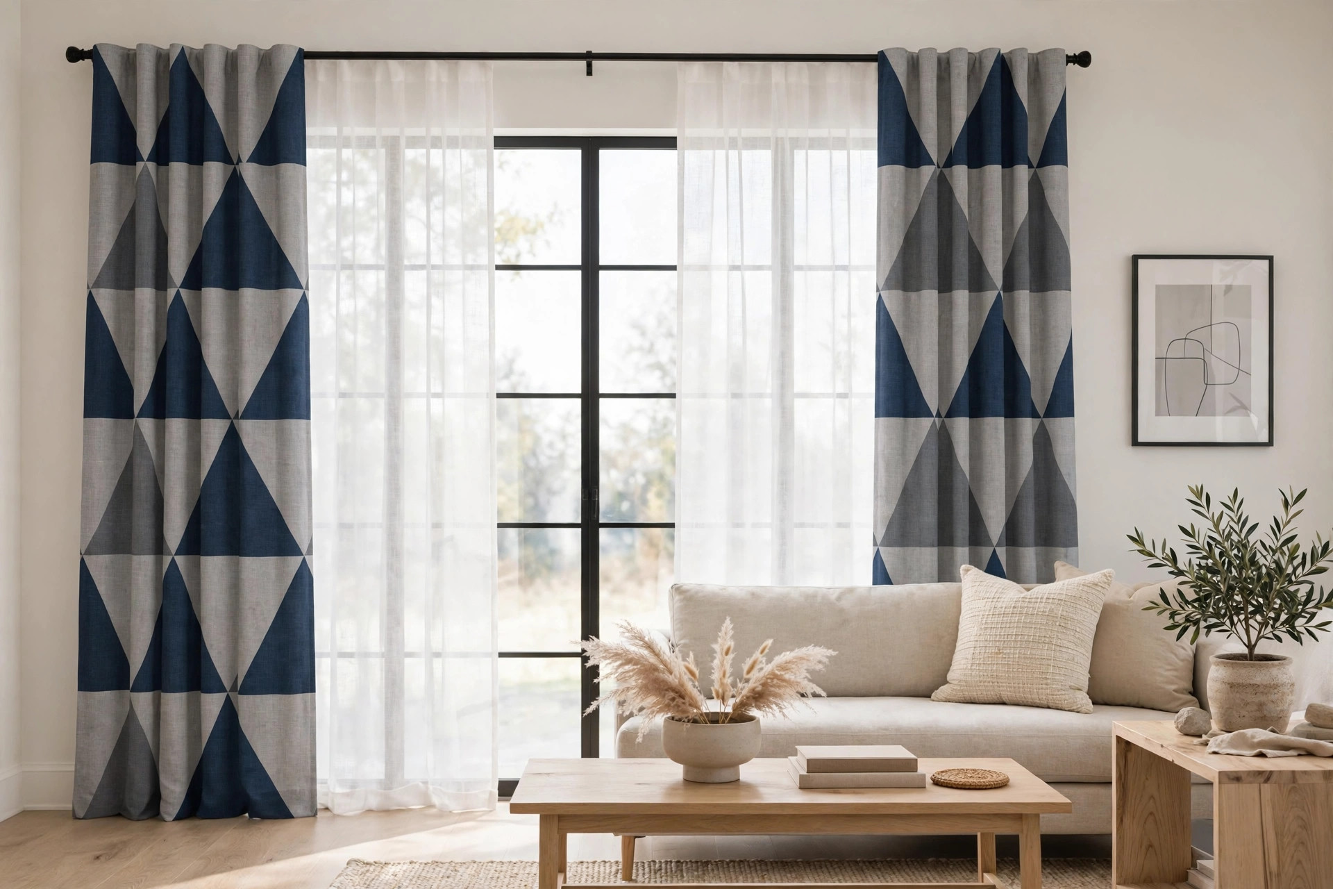 modern geometric curtains reviews and buying guide: Modern geometric curtains with bold triangle patterns hanging in a bright American living room