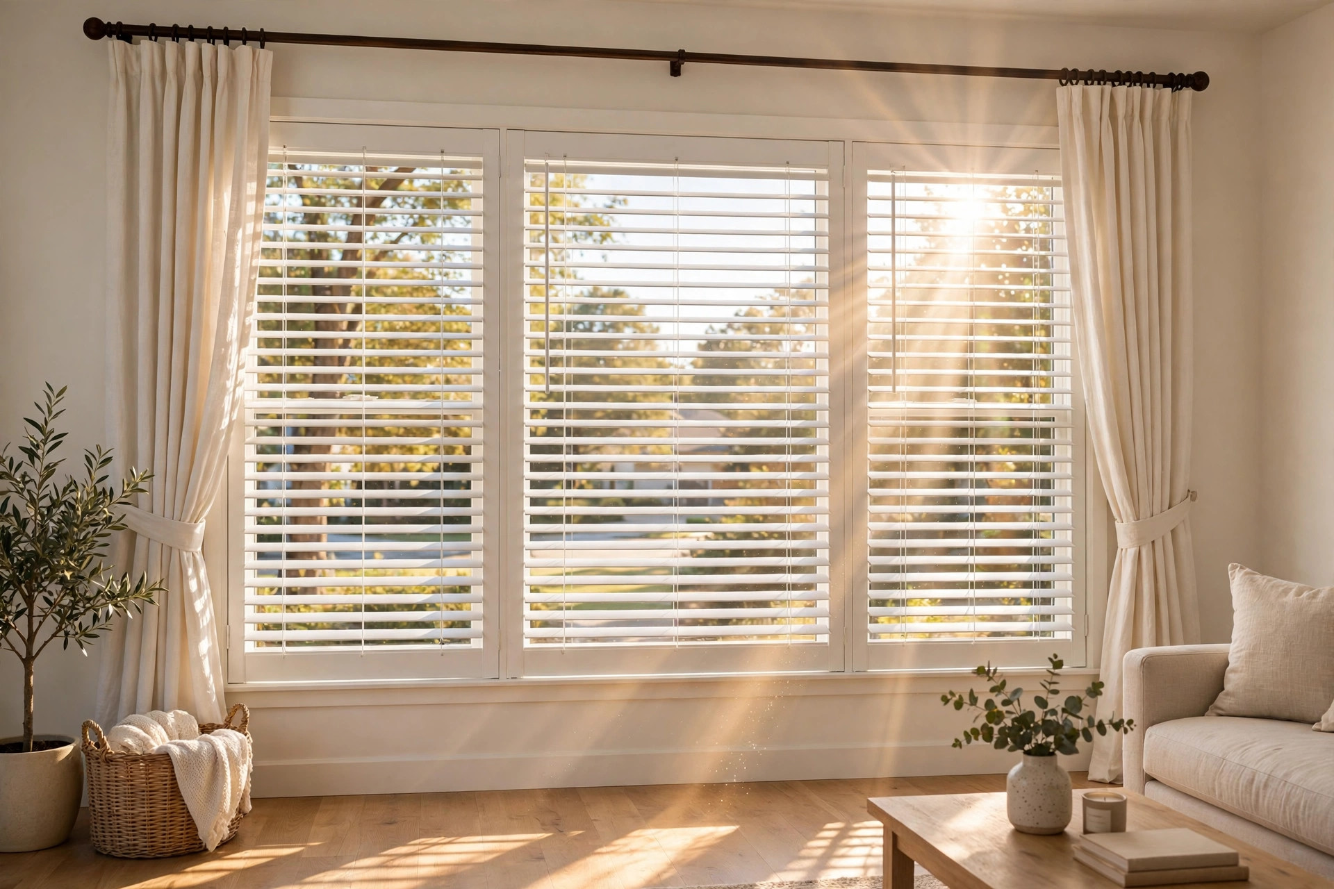 best window treatment installation services near me: Professionally installed blinds and curtains in a bright American living room