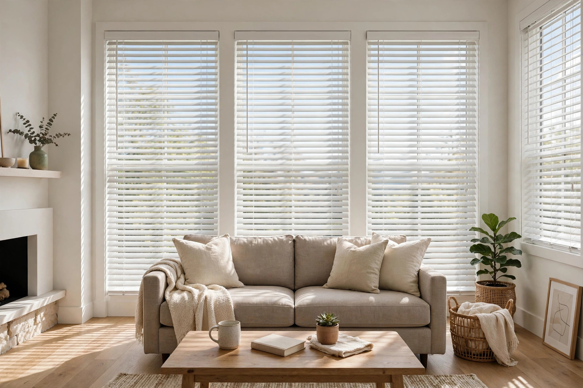 reliable blinds installation companies in california: Window blinds professionally installed in a bright California living room