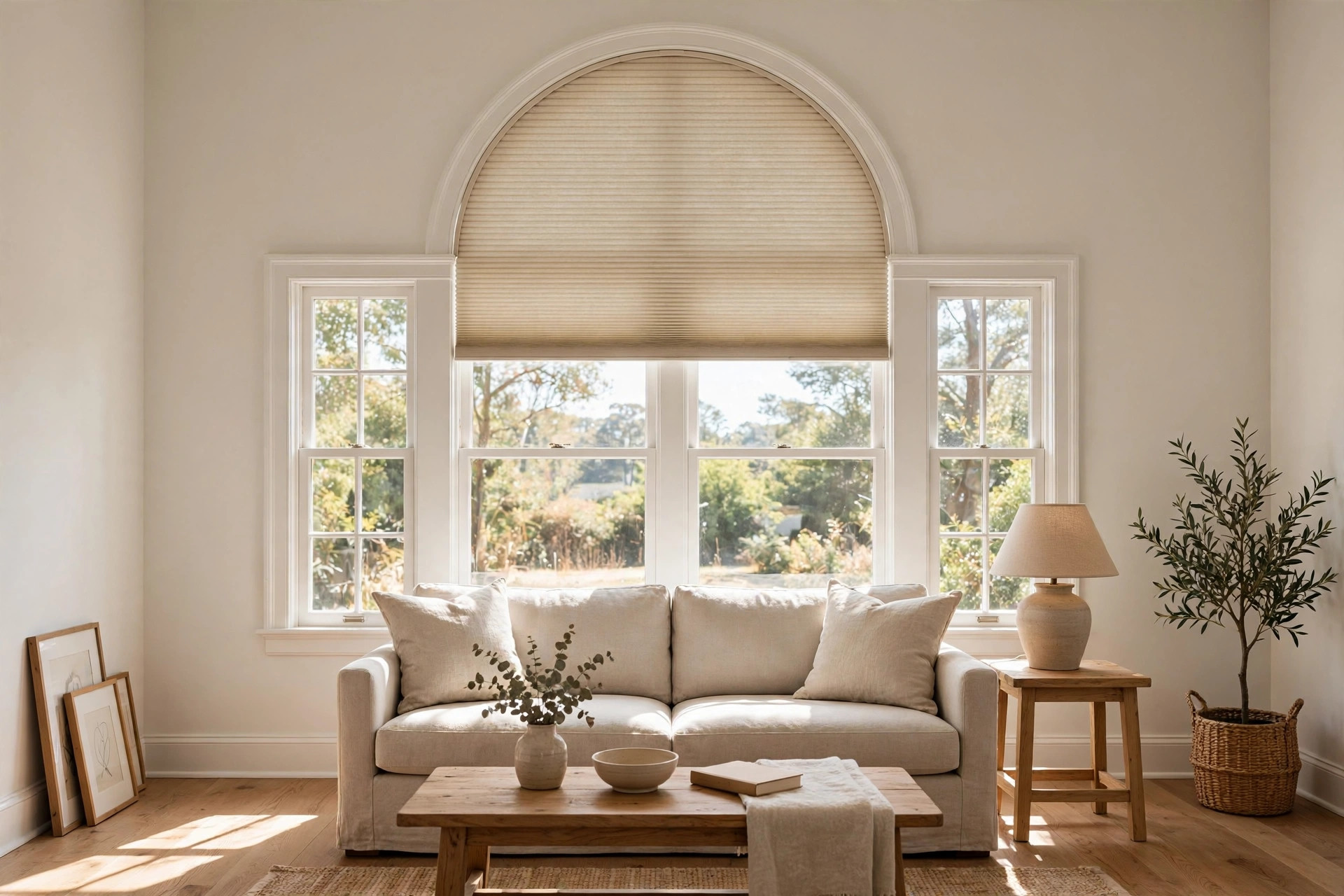 buy arched window shades online in california: Arched window shades fitted on a curved window in a California home