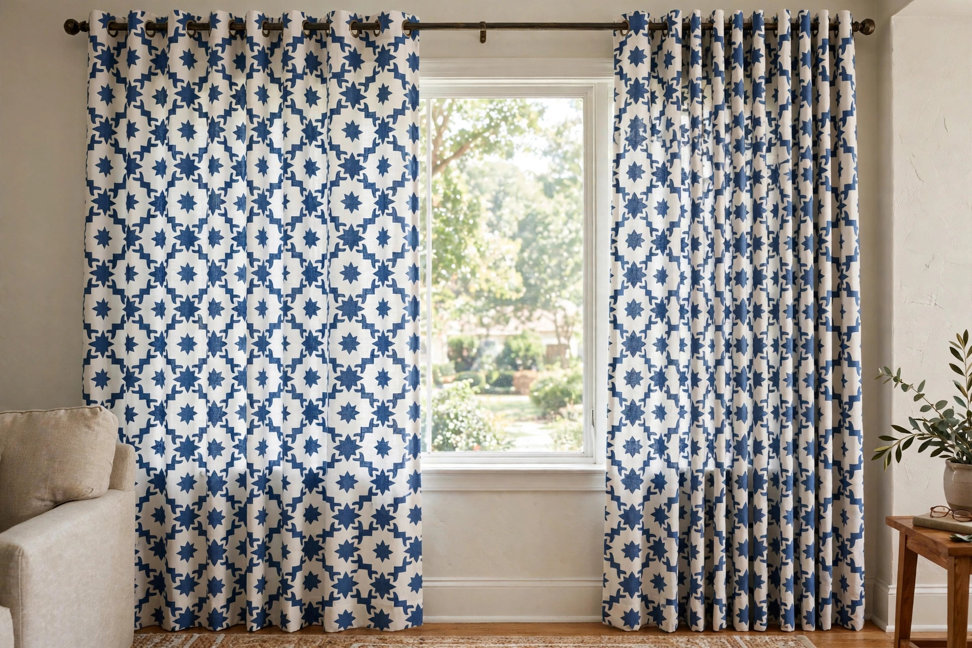 Buy Moroccan pattern curtains online in the USA - living room window