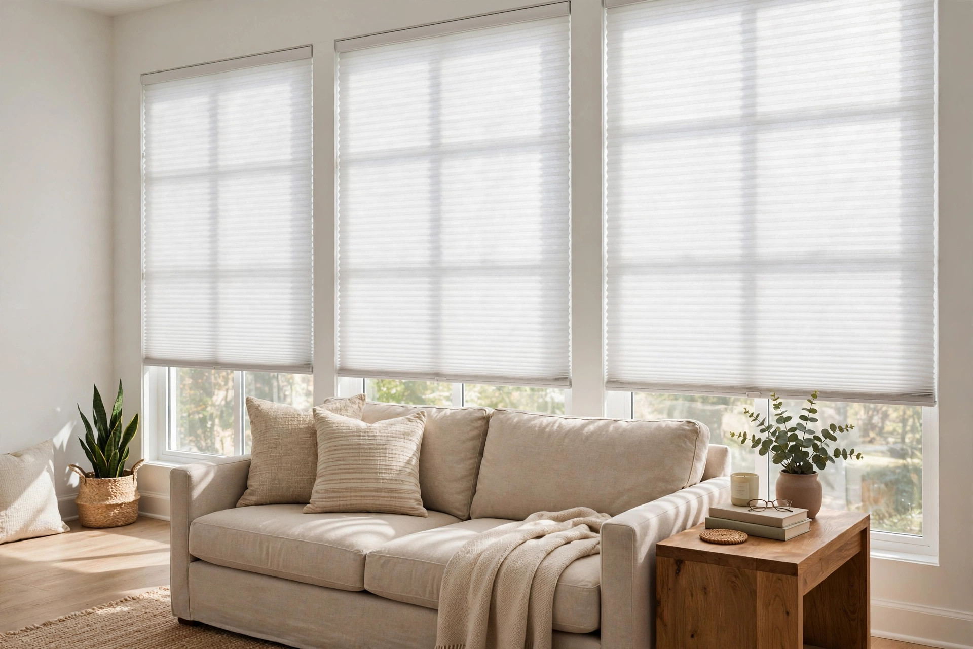 reliable blinds installation companies in the usa: Custom blinds installed in a bright American living room