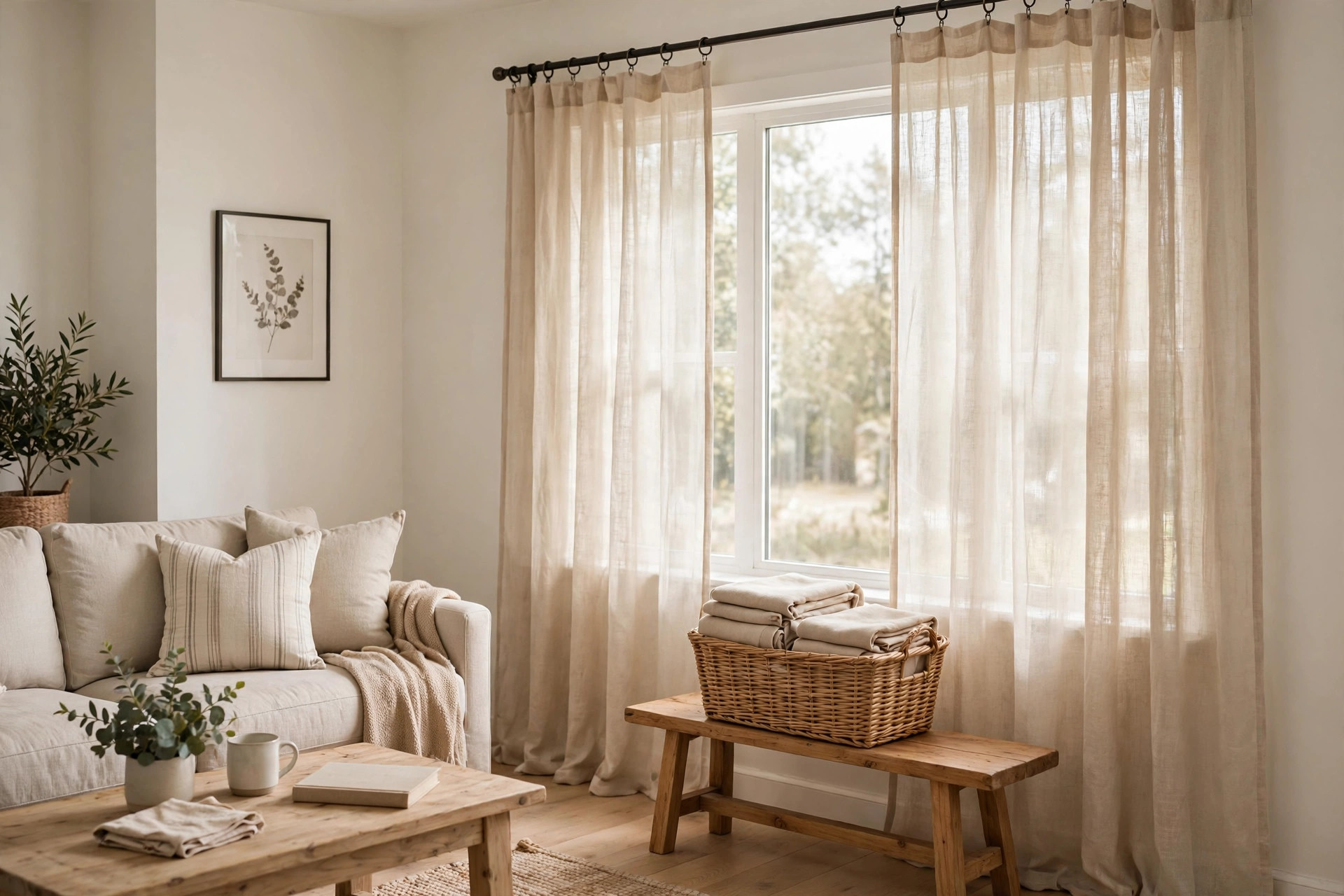 machine washable window treatment installation services near me: Machine washable linen curtains installed in a bright American living room