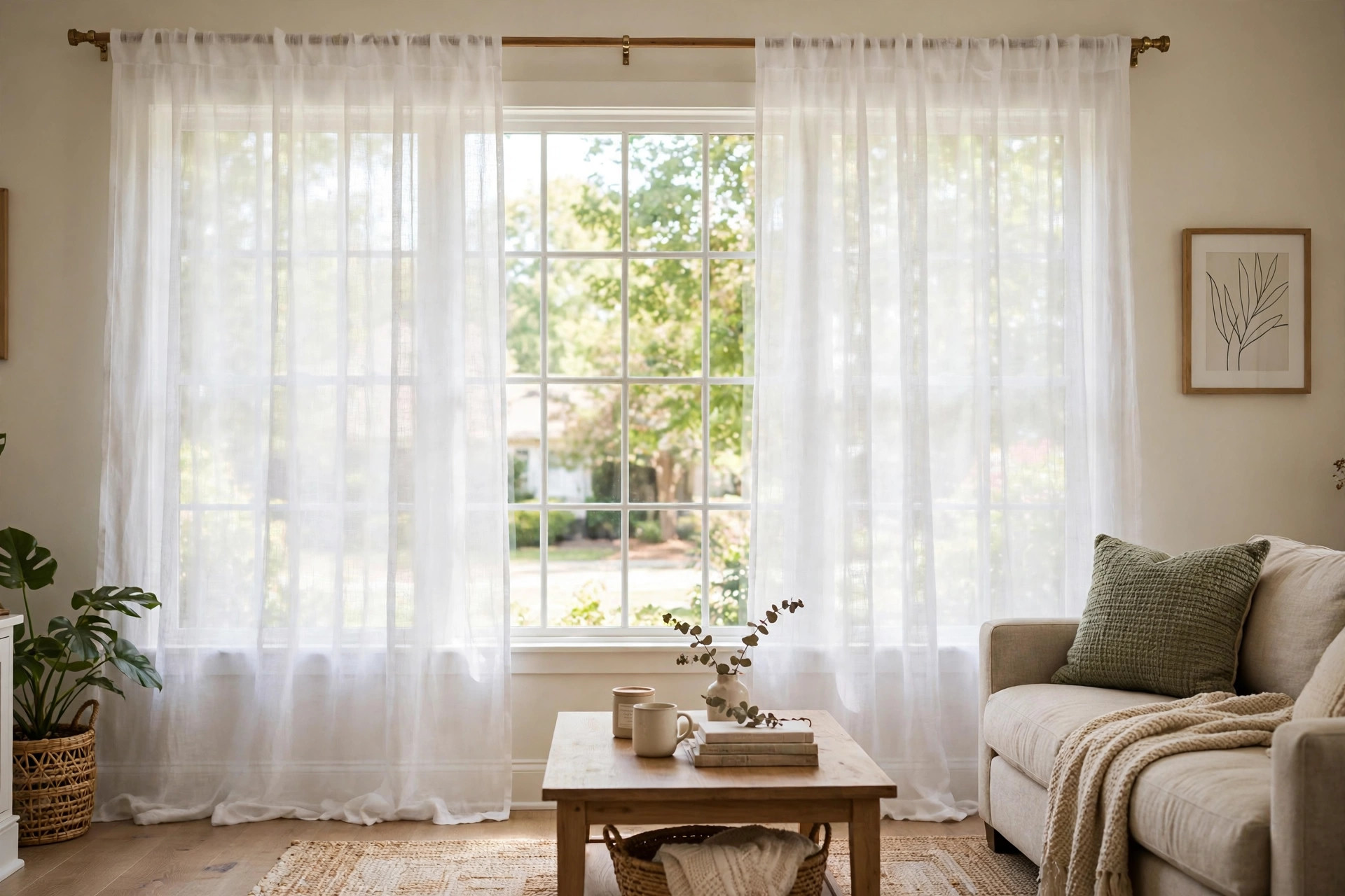 best sheer linen curtains for american homes: Sheer linen curtains hanging in a bright American living room