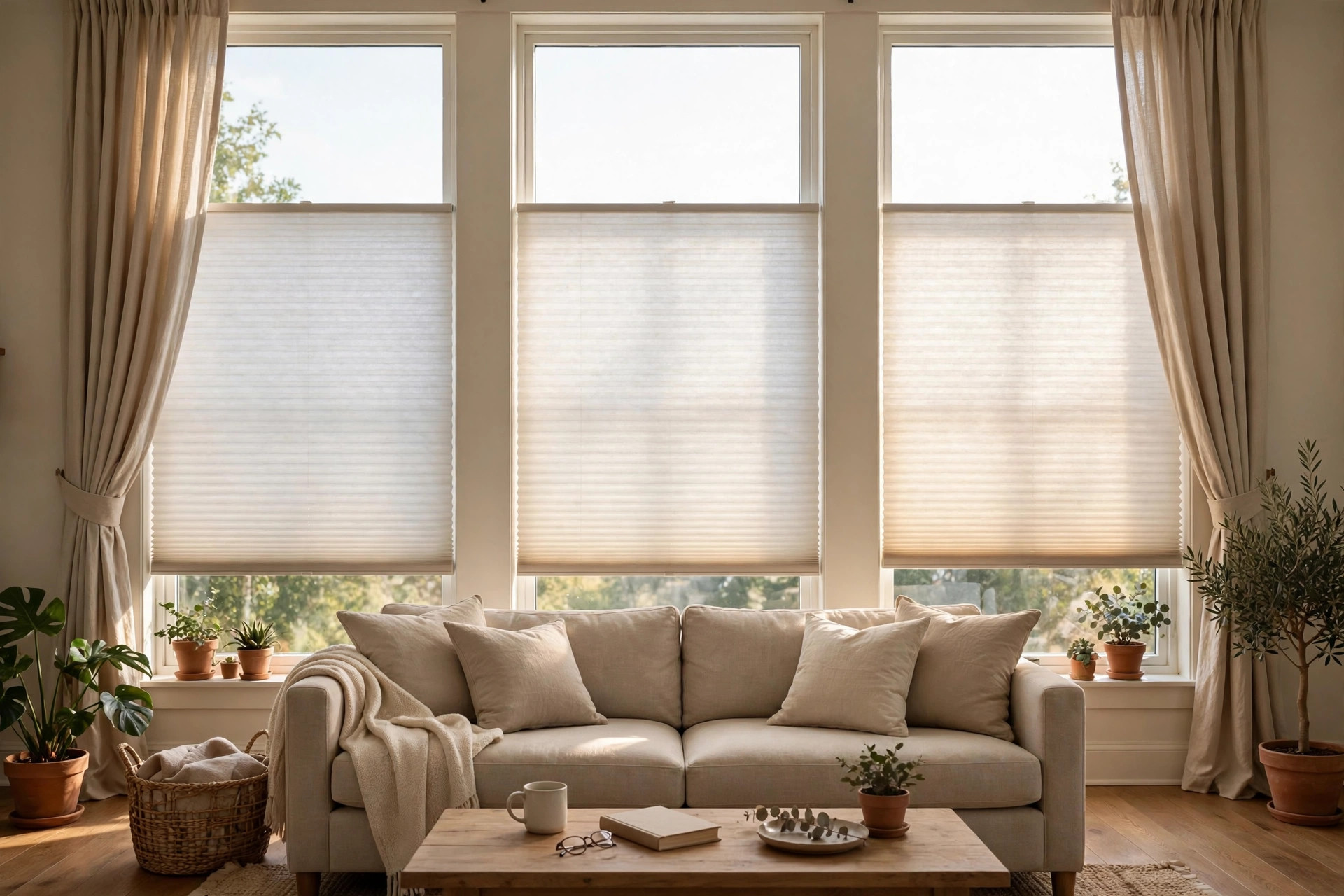 Insulated cellular shades and lined curtains on large windows, premium energy efficient window treatments with free shipping