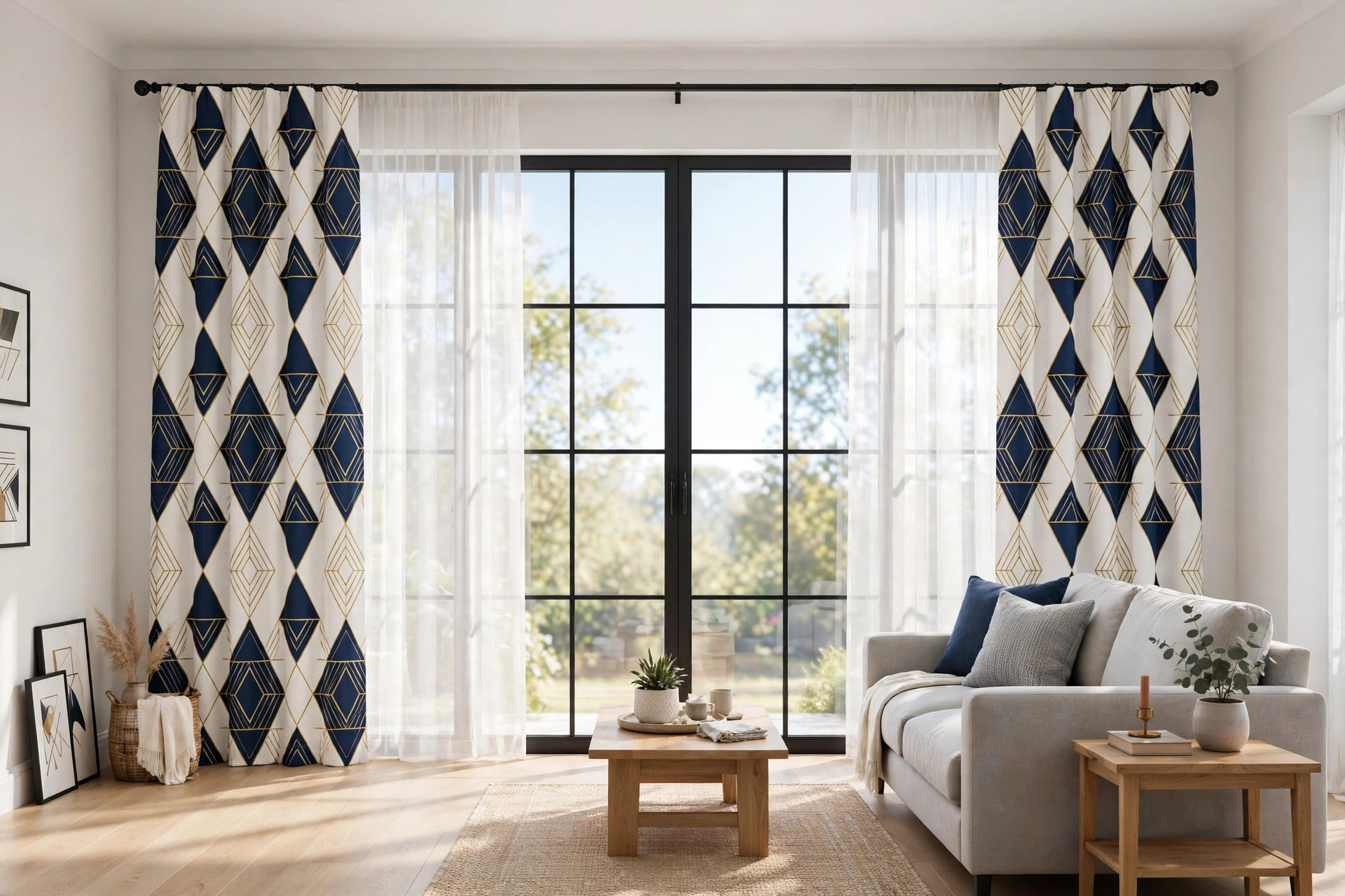best modern geometric curtains for first time homeowners: Modern geometric curtains hanging in a bright living room