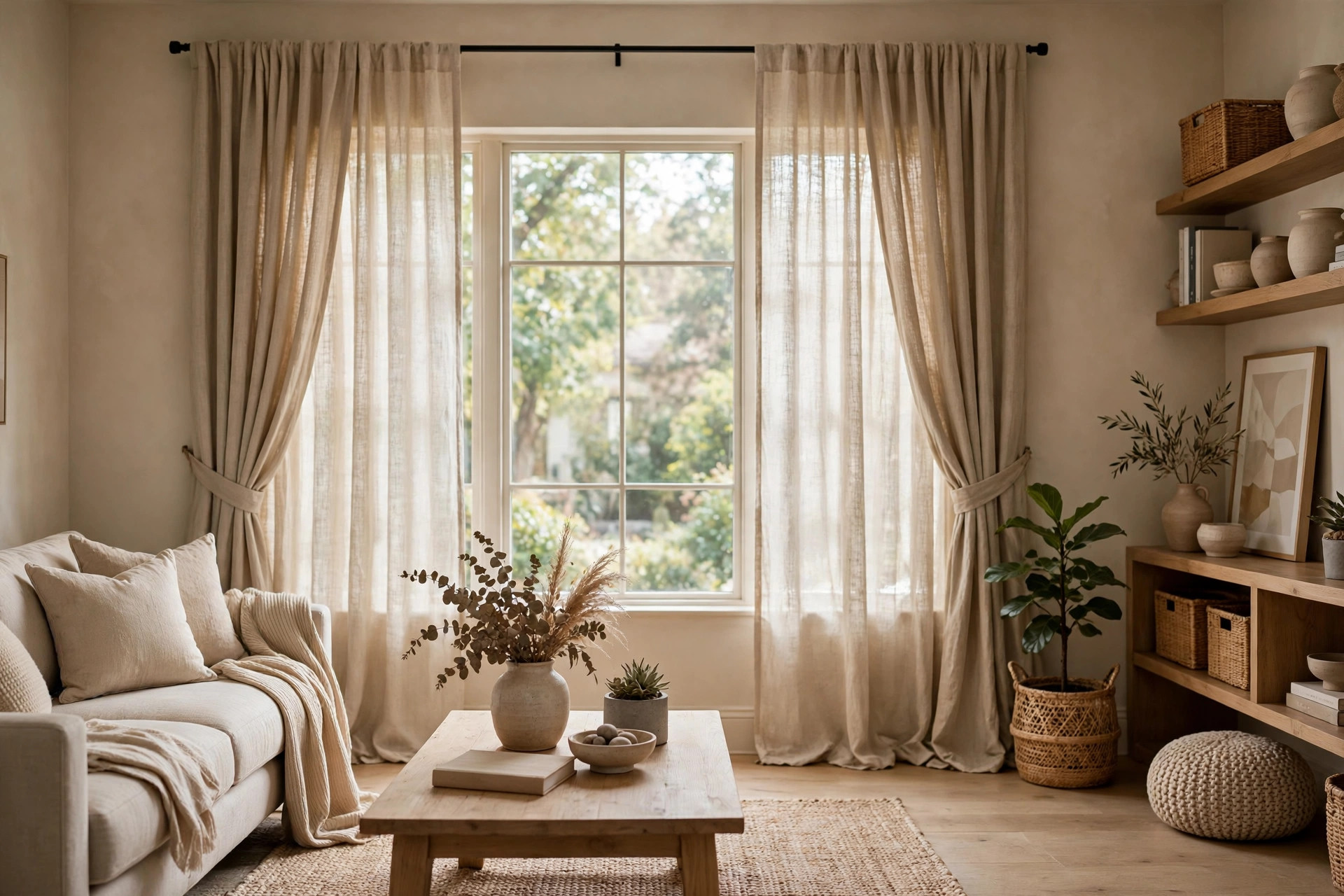 Custom made curtains online price comparison usa: floor-length beige linen drapes framing a large living room window