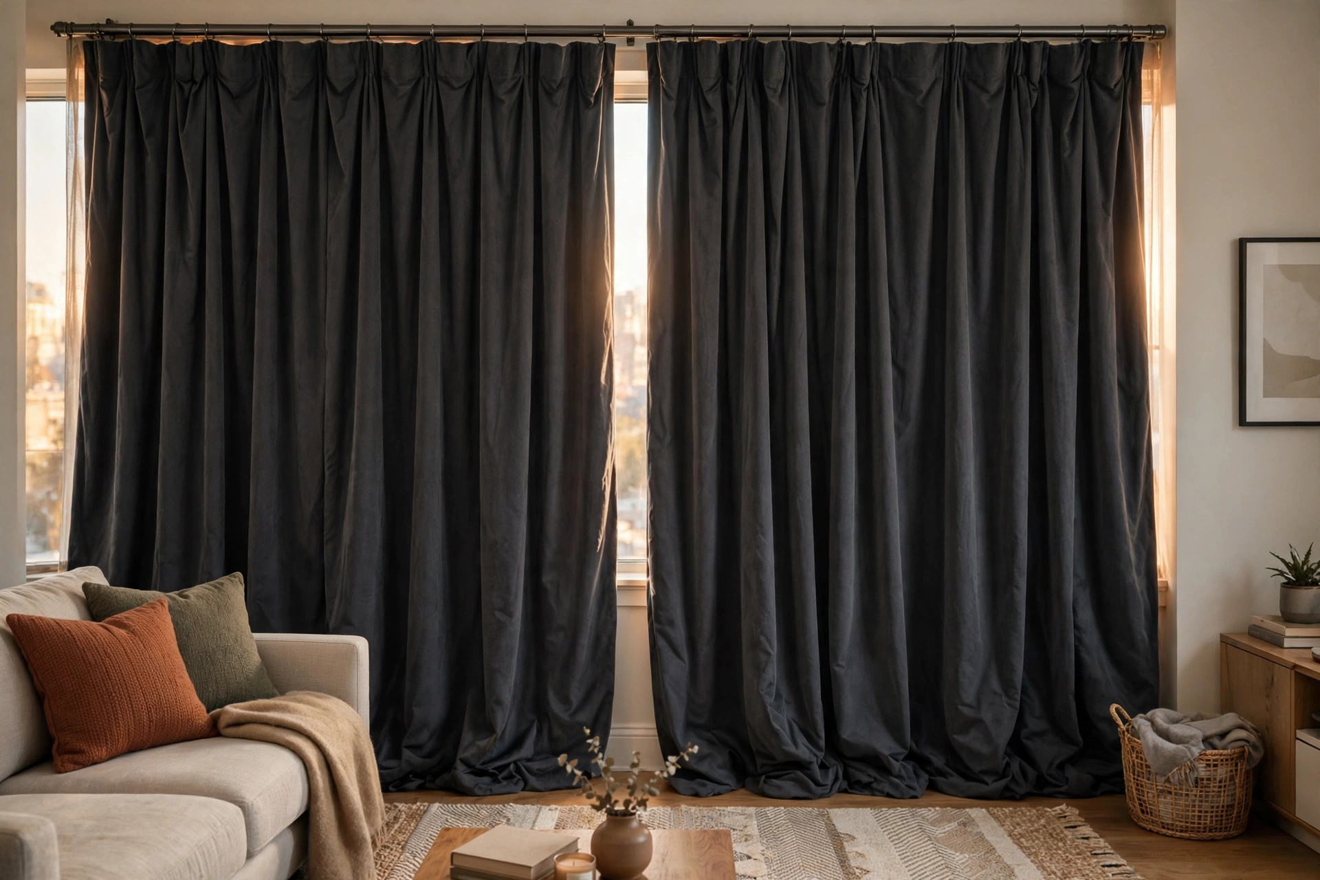 Thick noise reducing curtains hanging closed across a large apartment window for this budget friendly noise reducing curtains buying guide