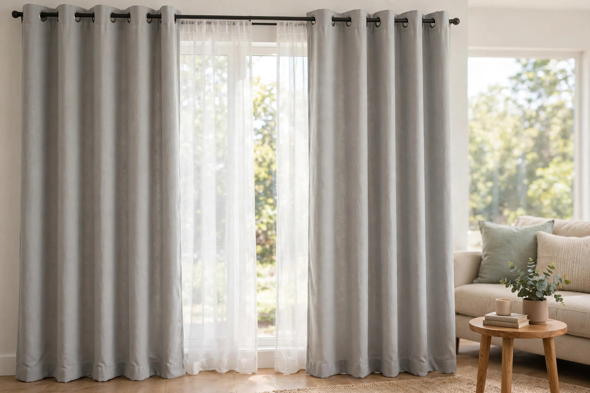Affordable grommet top curtains with free shipping shown on a bright living room window