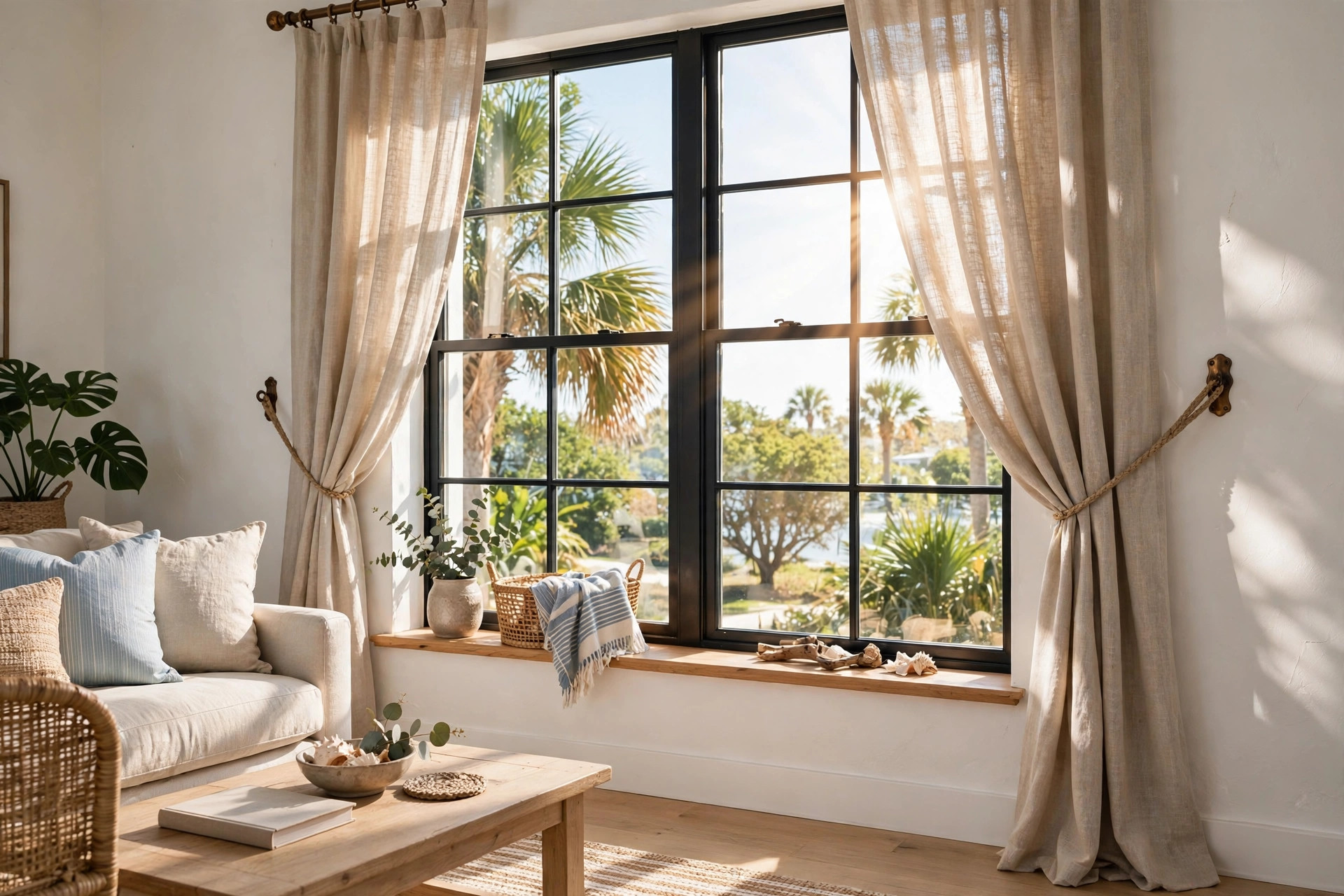 buy curtain tiebacks and holdbacks online in florida: Curtain tiebacks holding drapes open in a bright Florida living room