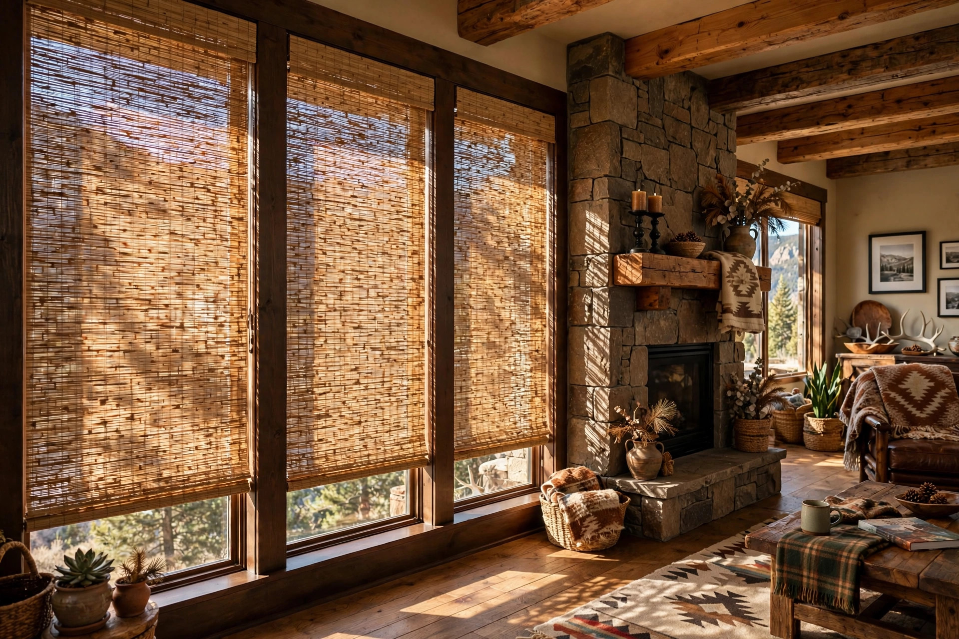 where to buy woven wood shades in colorado: Woven wood shades hanging in a Colorado living room with sunlight filtering through the natural weave