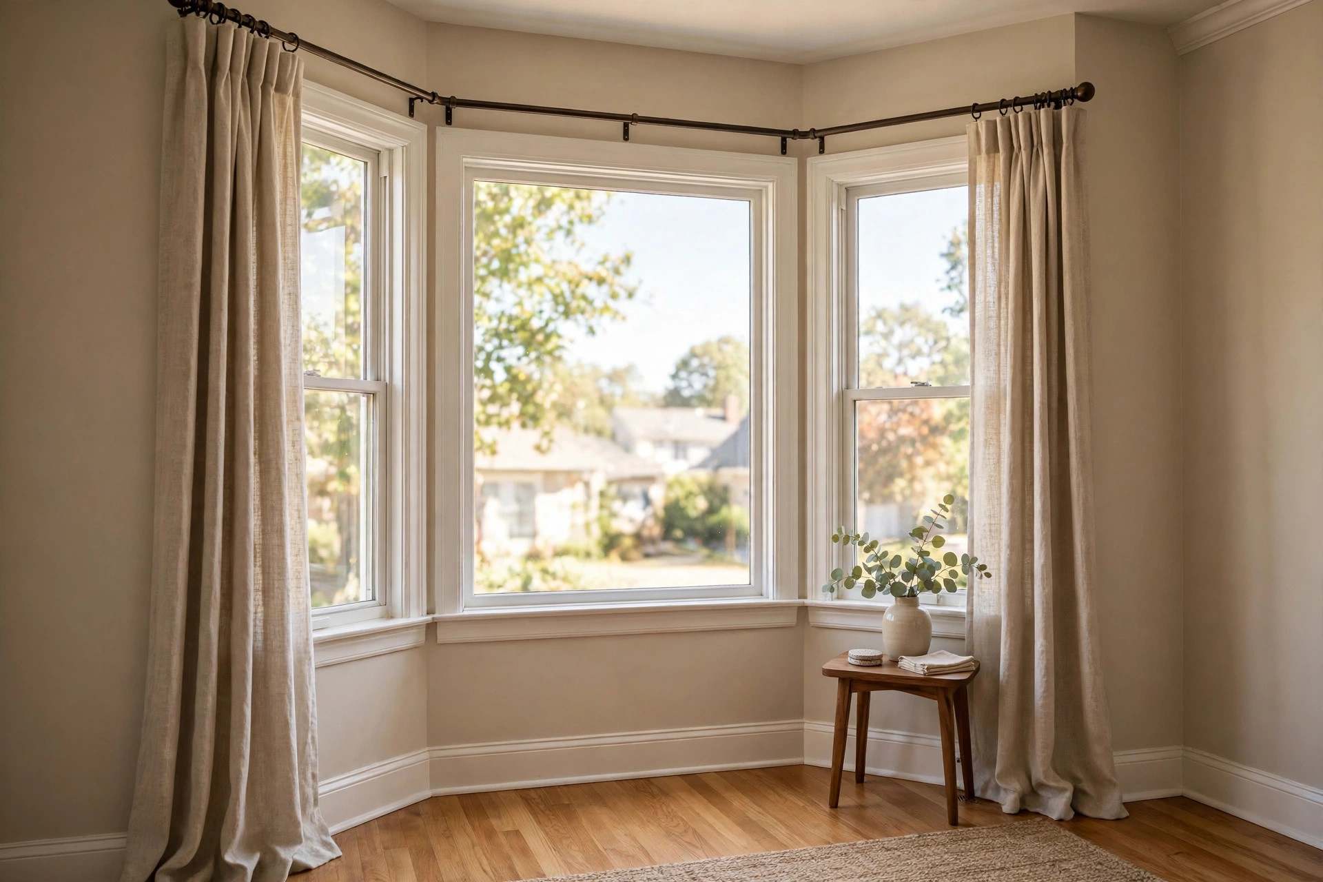 best bay window curtain rods for usa homes: Bay window with draped curtains on a multi-section curtain rod
