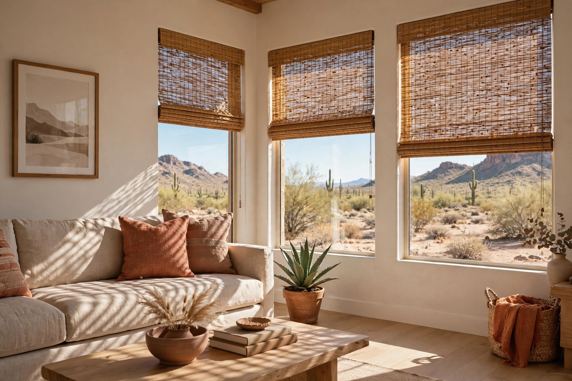 buy bamboo roman shades online in arizona: Bamboo roman shades on windows in an Arizona living room