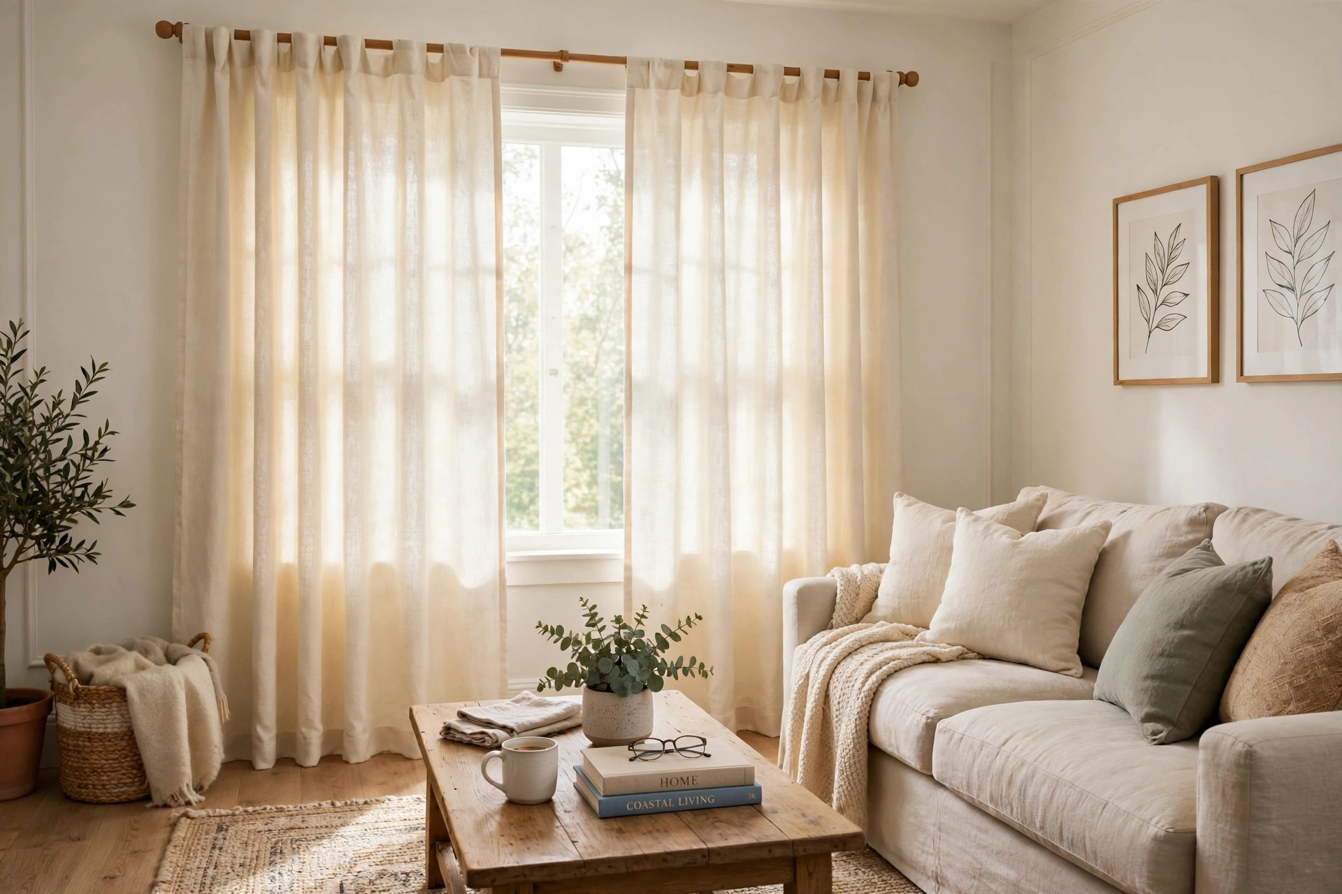 best rod pocket curtains for first time homeowners: Rod pocket curtains hung on a wooden rod in a bright American living room