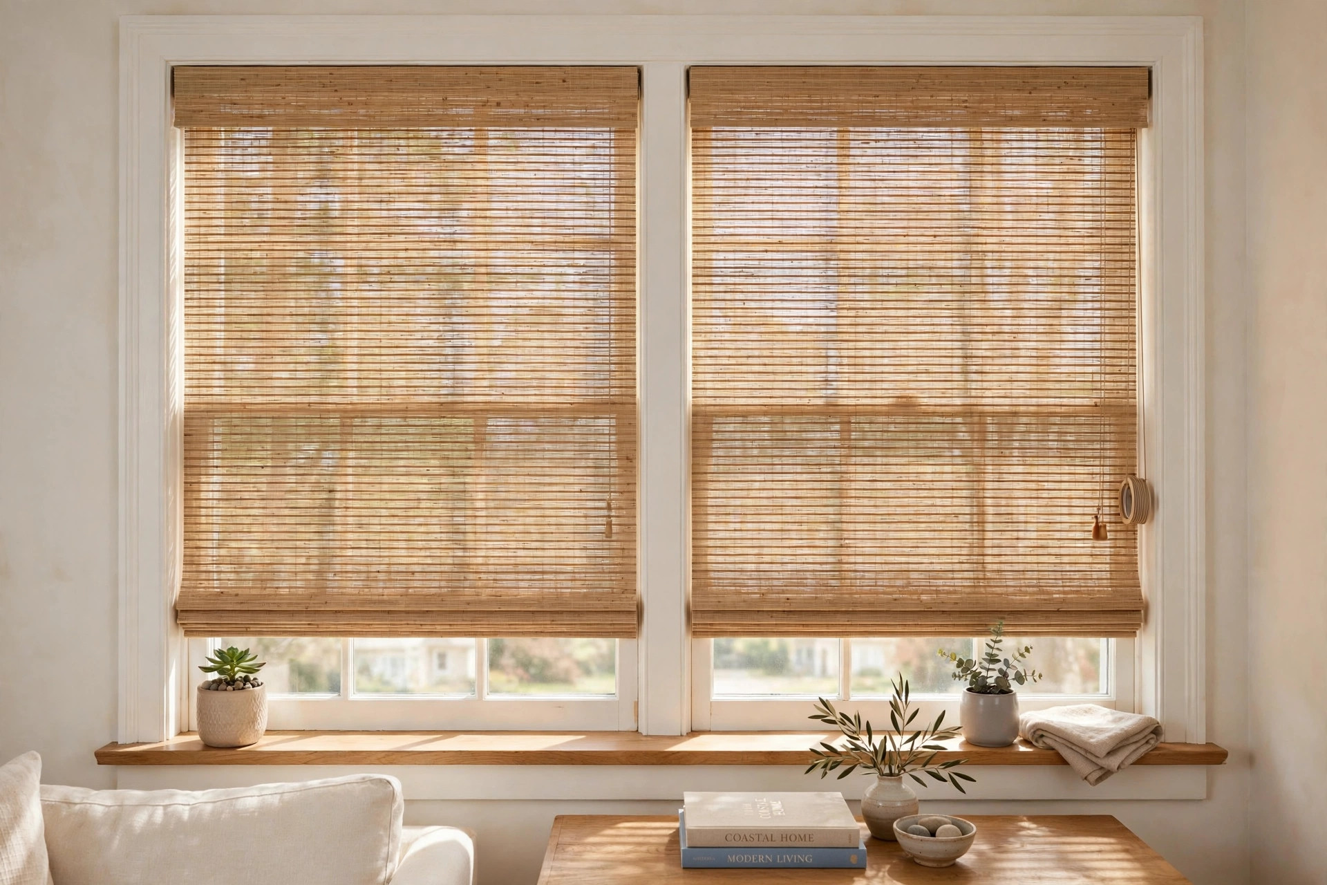 made to measure blinds reviews and buying guide: Made to measure blinds fitted neatly inside a bright American living room window