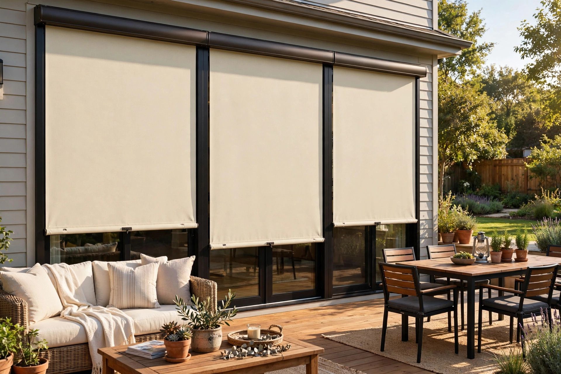 Luxury waterproof outdoor shades with free shipping shown on a sunny American patio