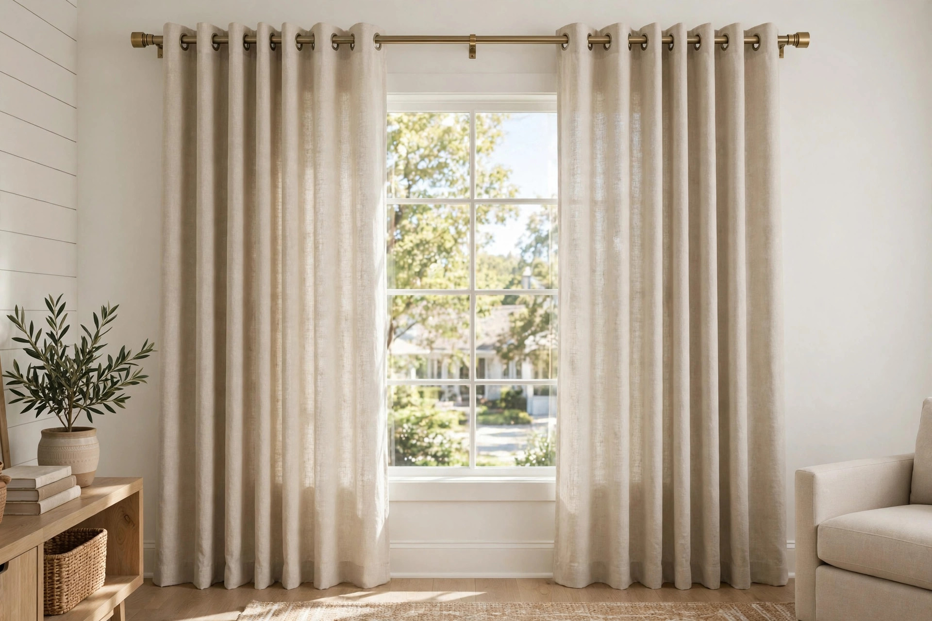 grommet top curtains reviews and buying guide: Grommet top curtains hanging on a brass rod in a bright living room