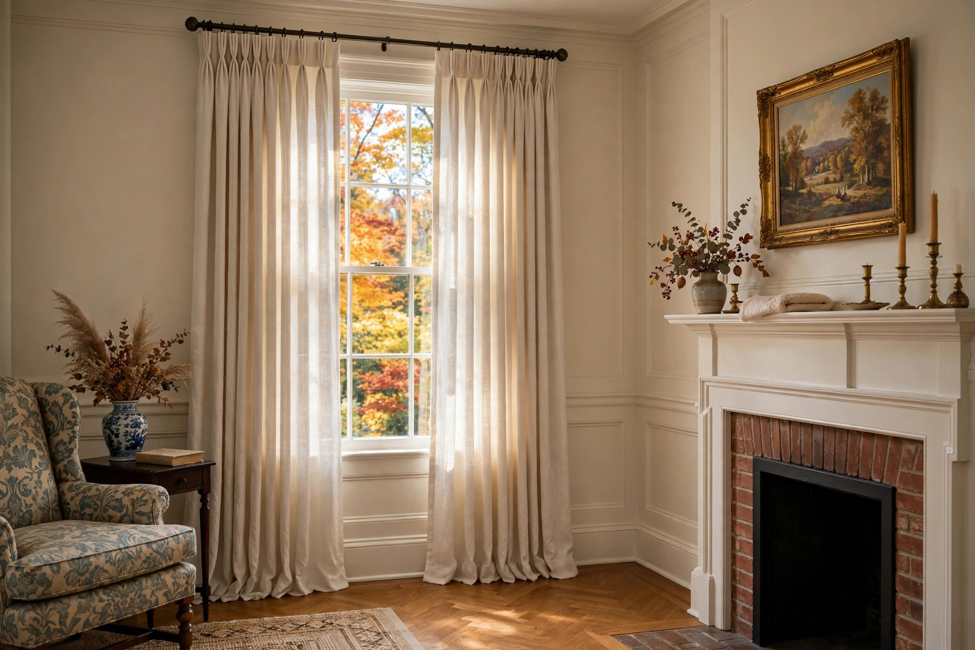 best pinch pleat drapes for new england homes: Pinch pleat drapes hanging on tall windows in a New England home living room