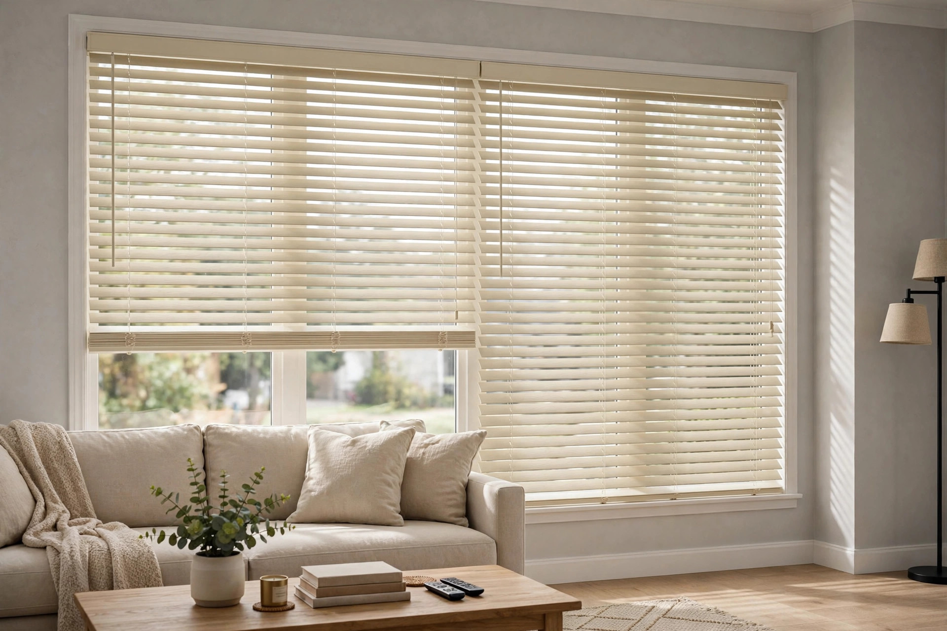 blinds installation companies cost guide usa: Newly installed window blinds in an American living room
