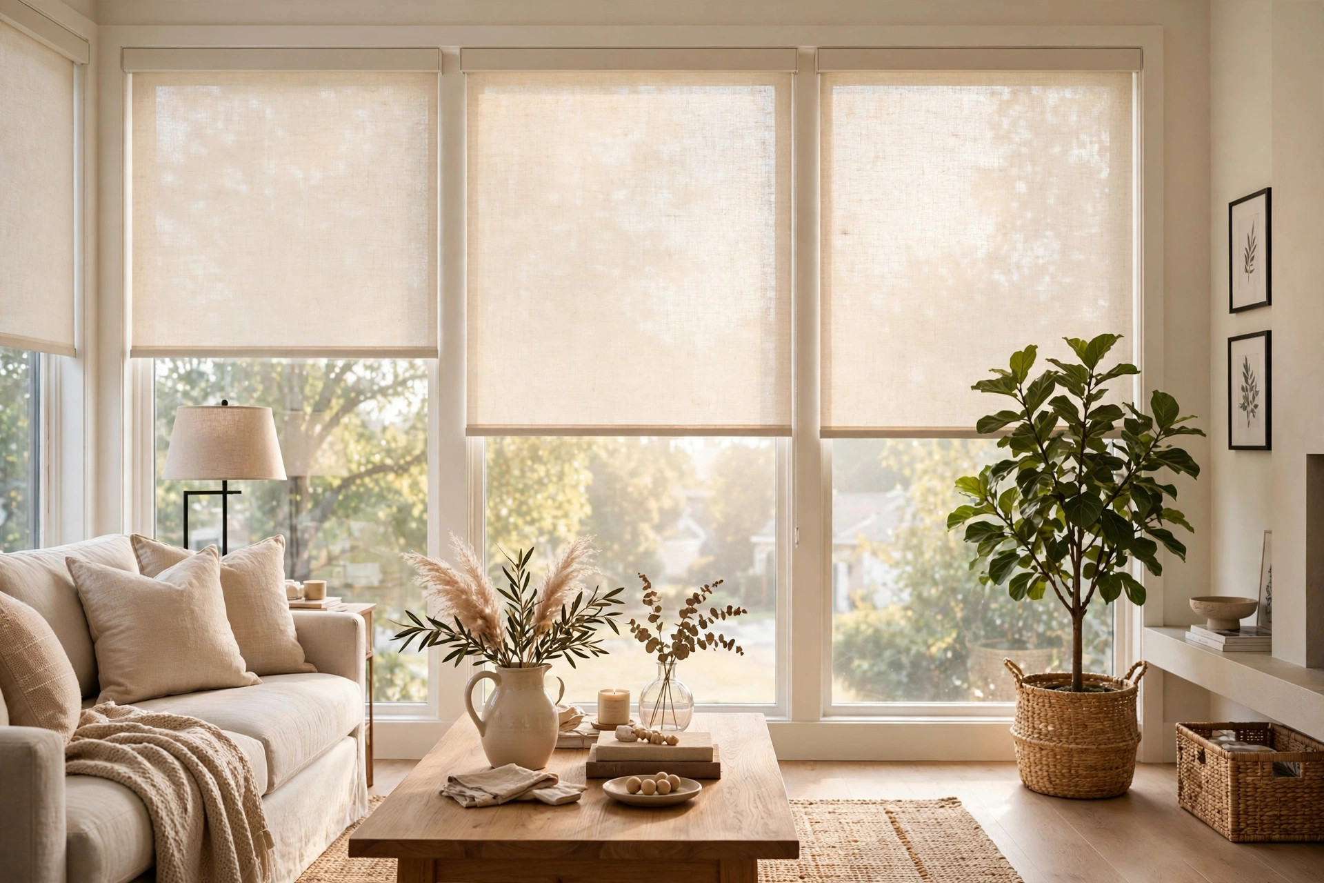 custom light filtering roller shades buying guide: Light filtering roller shades in a bright American living room