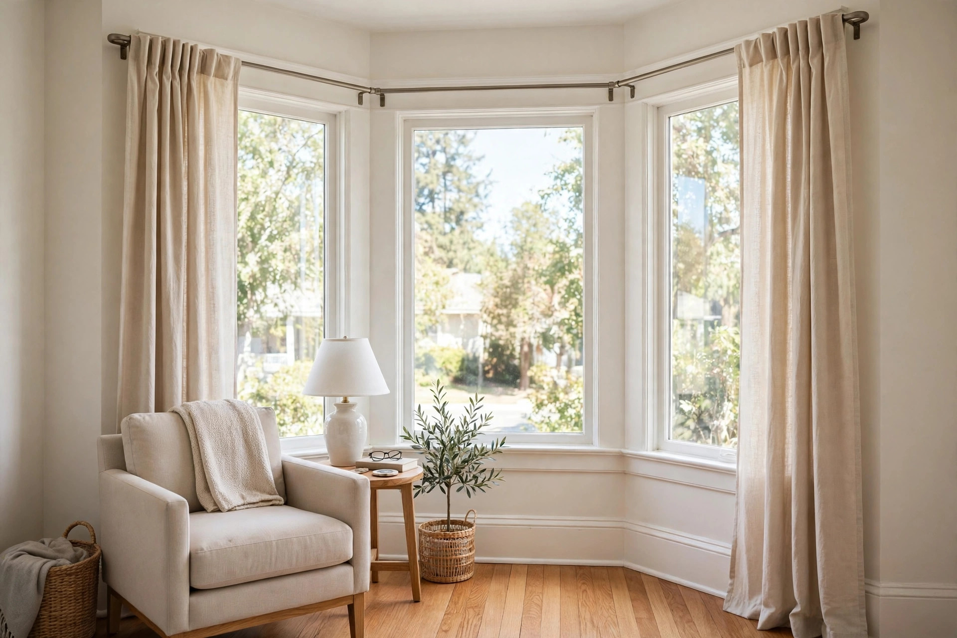 Machine washable bay window curtain rods for sale in a bright American living room