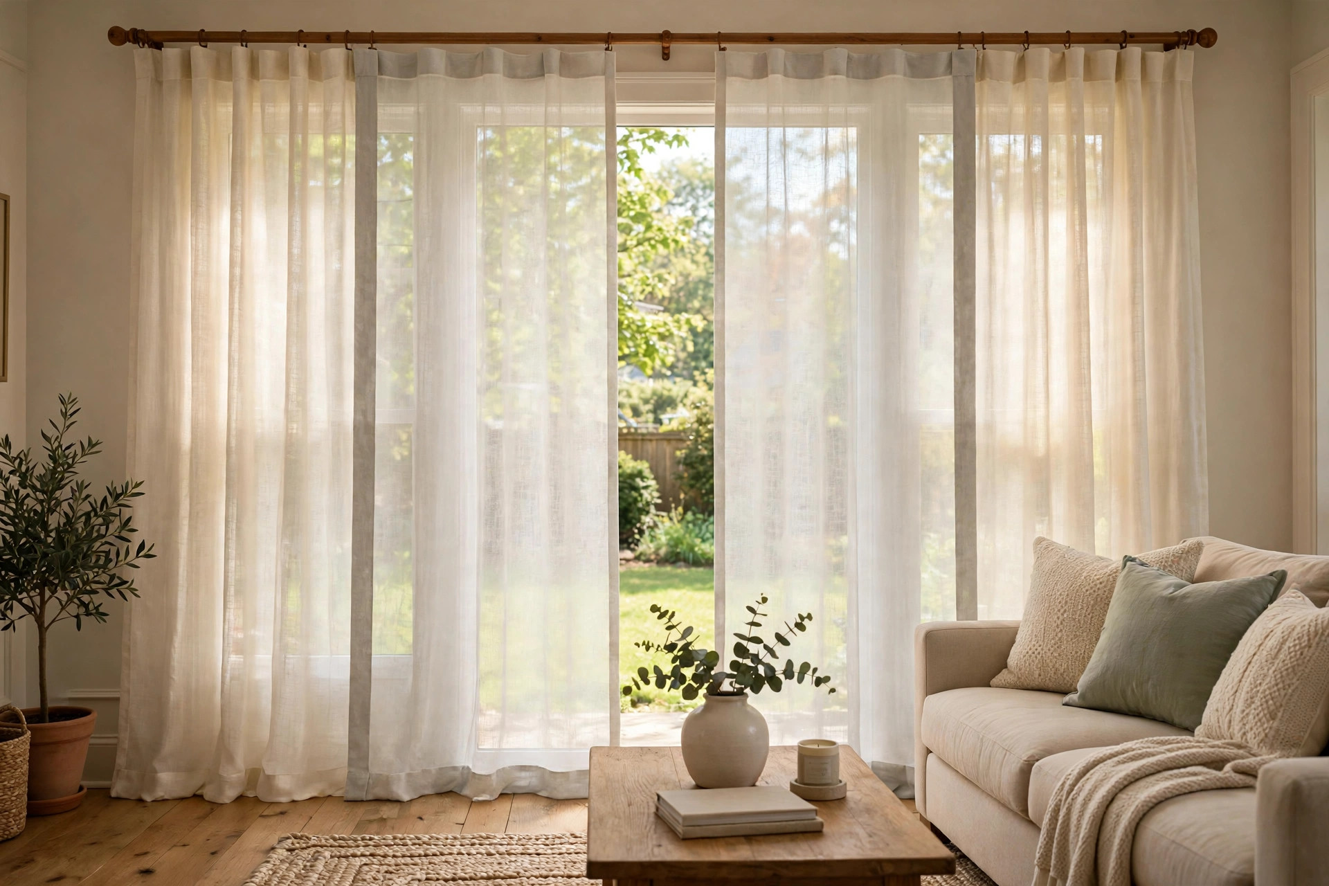 thermal sheer linen curtains buying guide: Thermal sheer linen curtains hanging in a sunlit living room